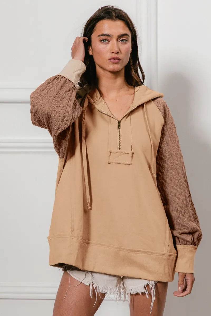 BiBi Half Zip French Terry Hoodie with Kint Sleeves - ELY VESSA LLC