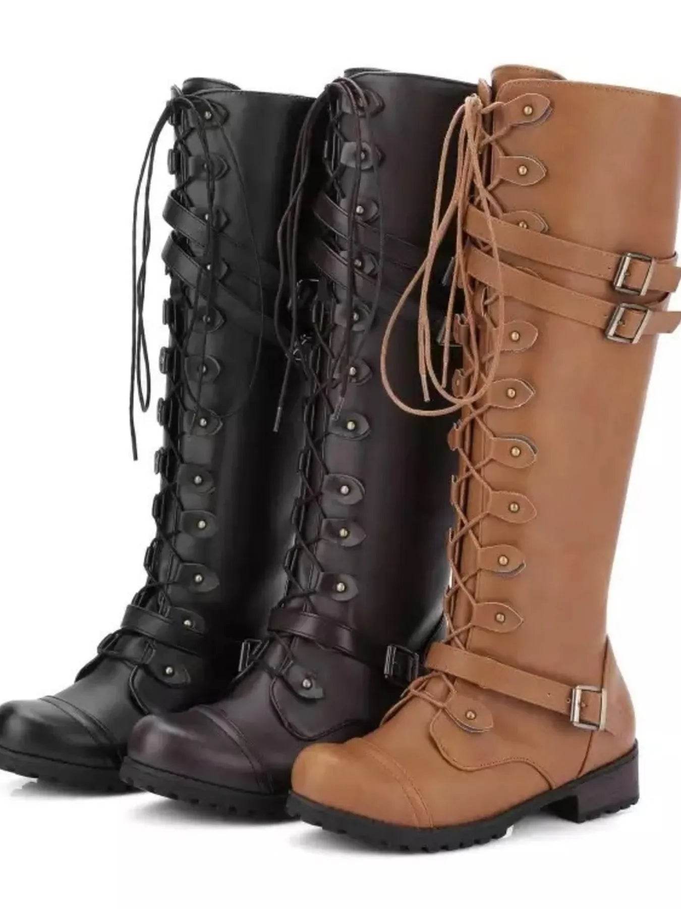 Lace-Up Boots with Buckle Straps - ELY VESSA LLC