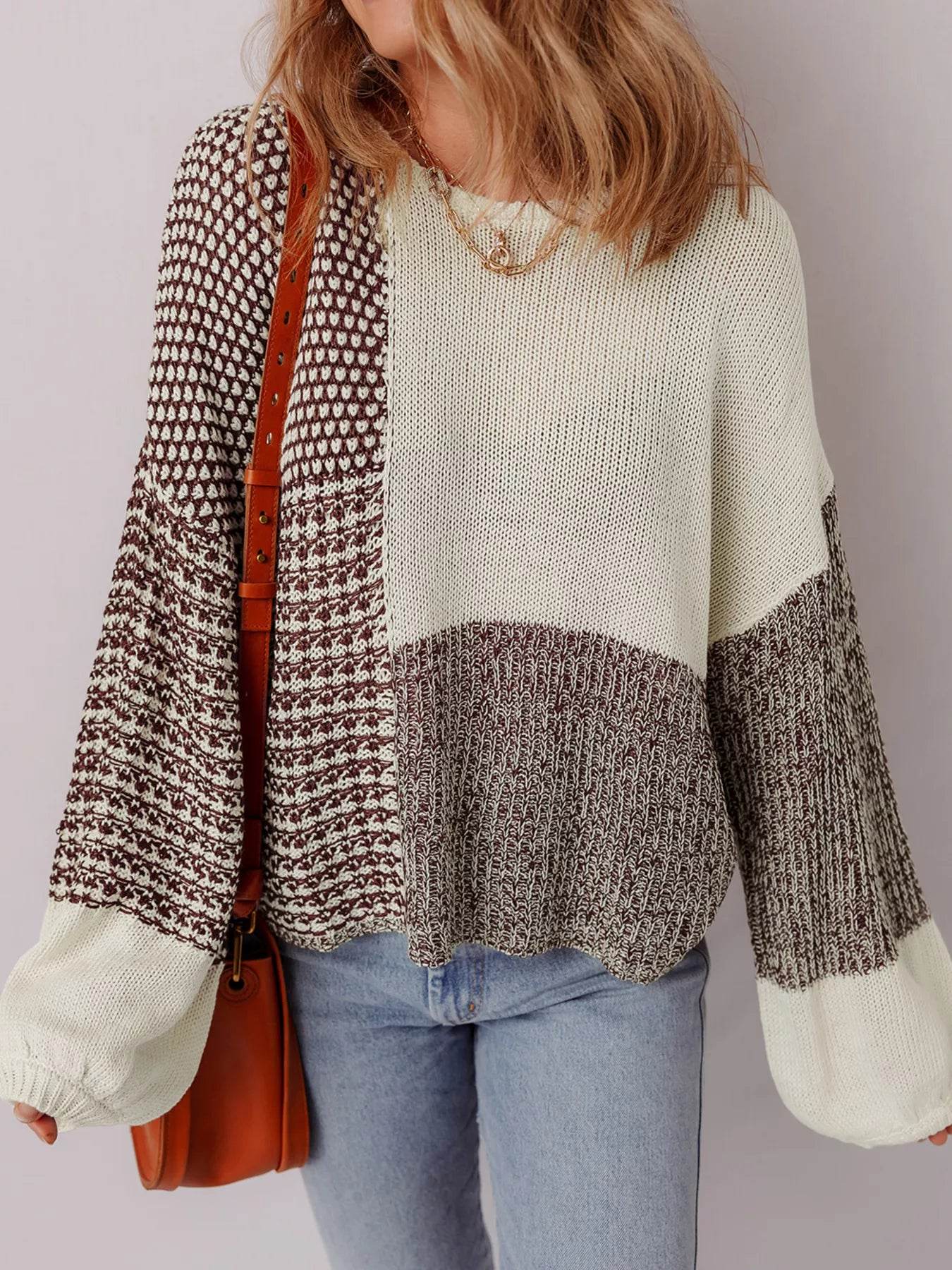 Color Block Back Tie Drop Shoulder Loose Sweater - ELY VESSA LLC