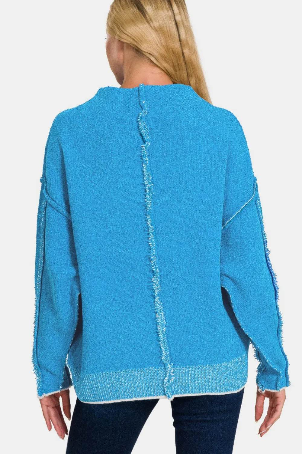 Zenana Exposed Seam Mock Neck Long Sleeve Sweater - ELY VESSA LLC