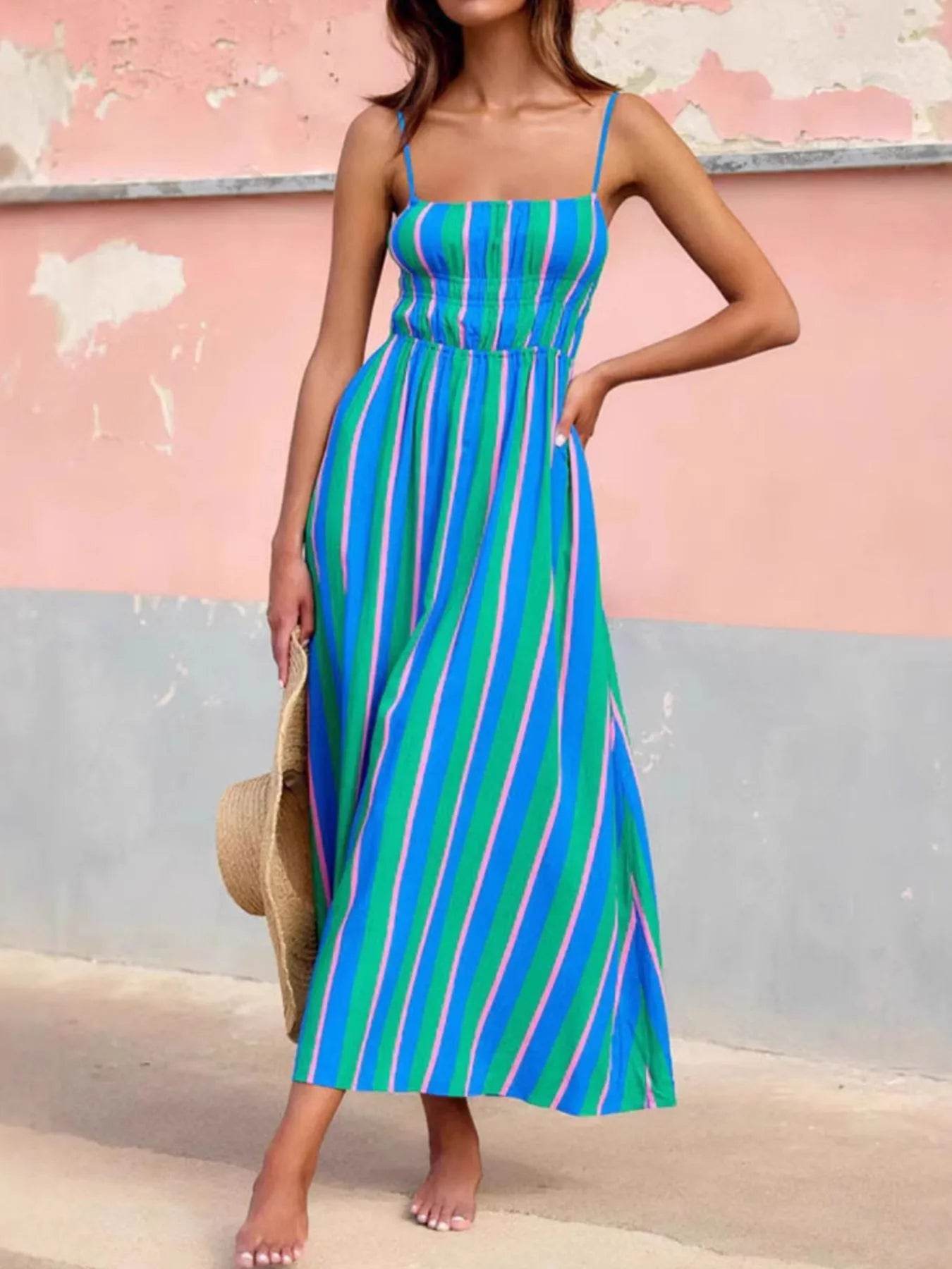 Striped Spaghetti Strap Summer Maxi Dress - ELY VESSA LLC