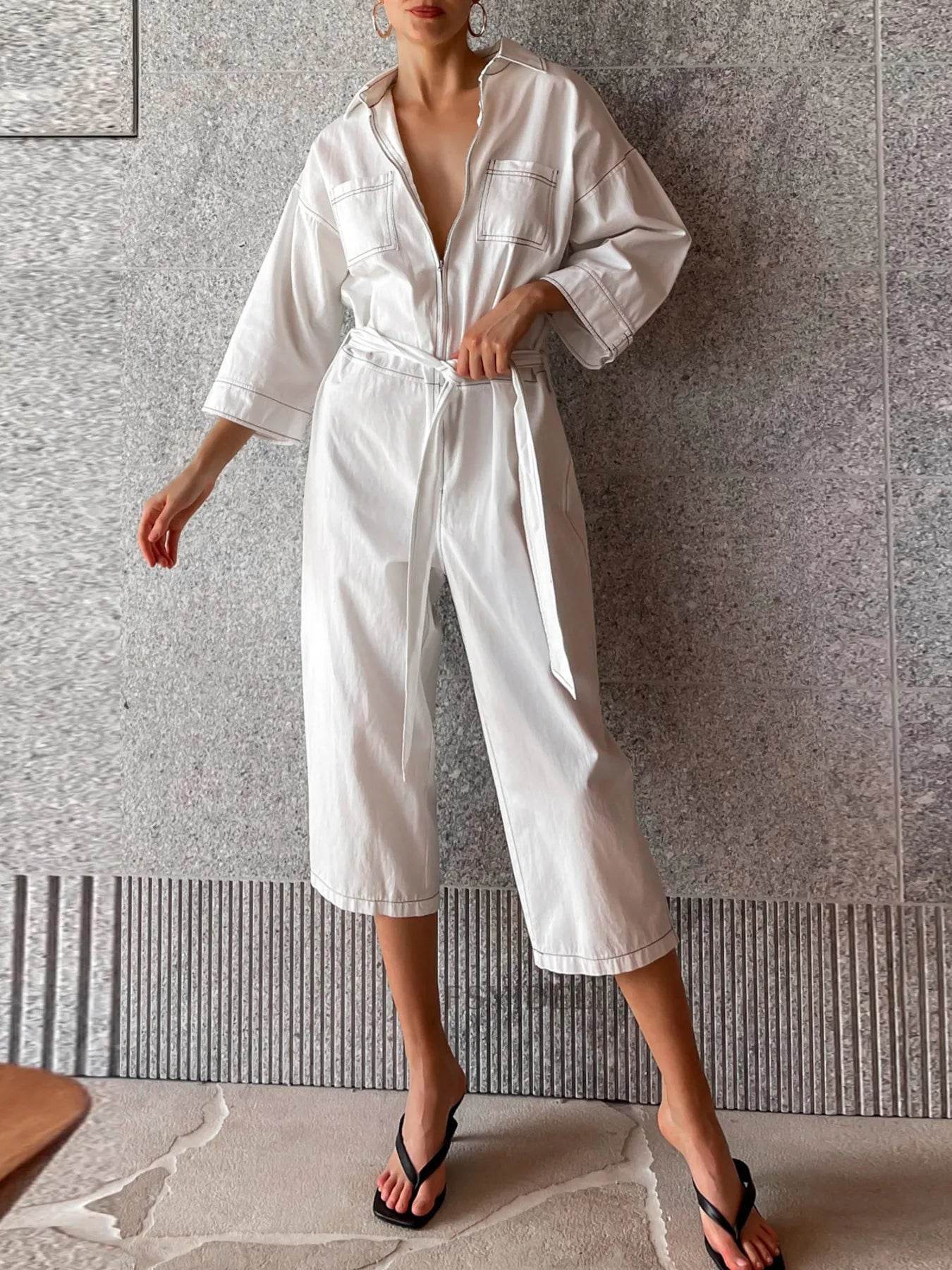 Tie Waist Wide Leg Jumpsuit - ELY VESSA LLC