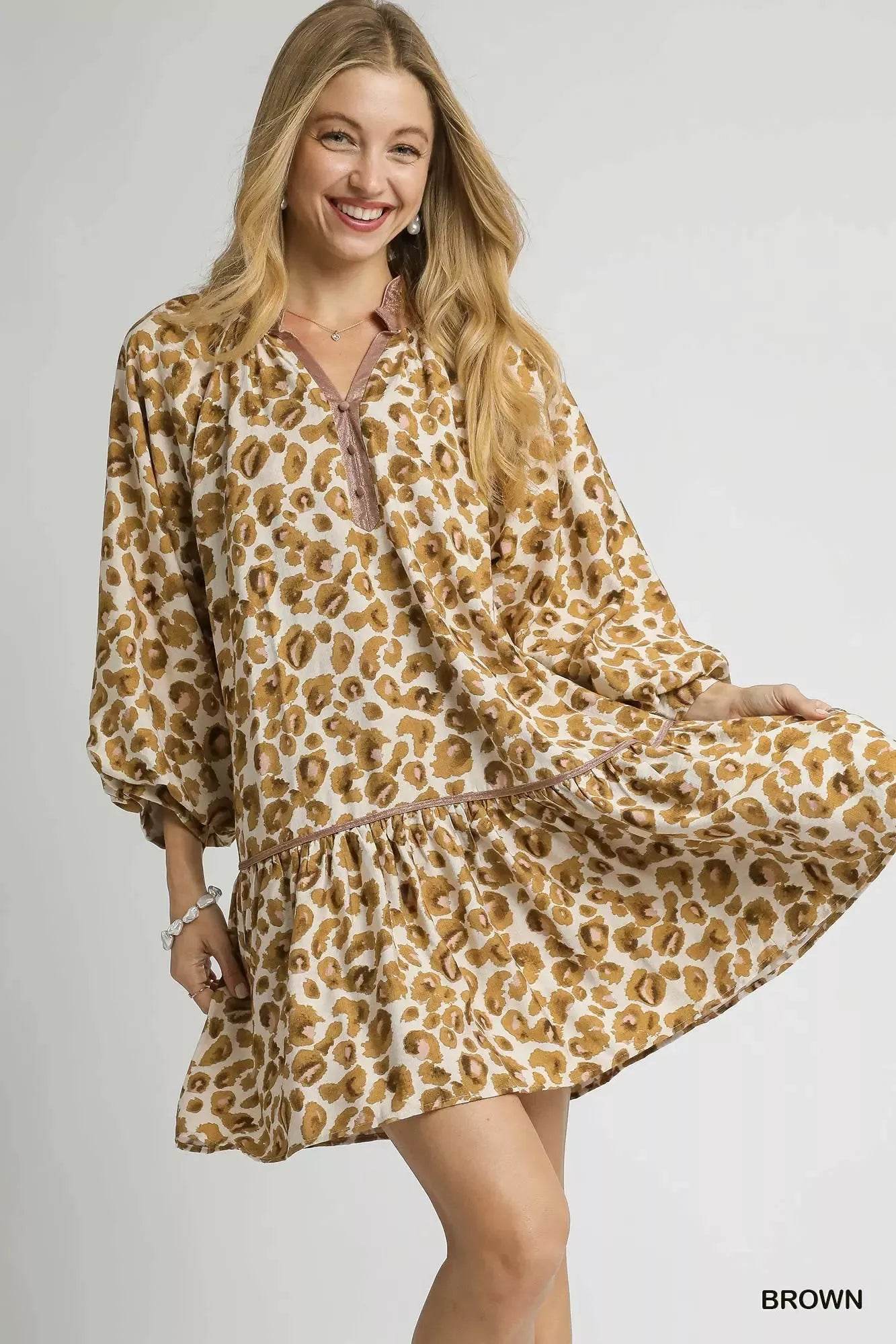 Umgee Leopard Print Tiered Mini Dress - ELY VESSA LLC