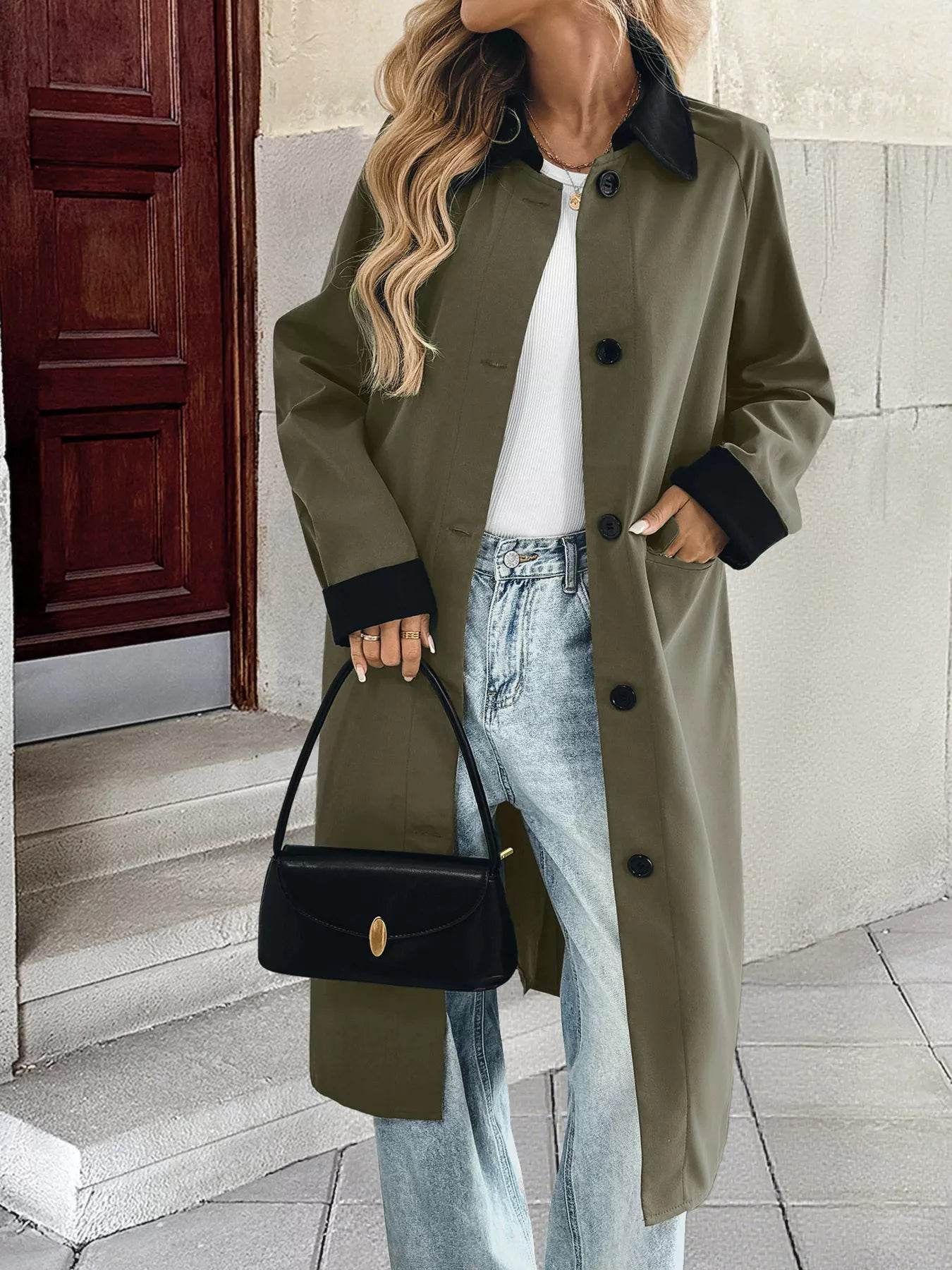 Contrast Collar Button Up Coat - ELY VESSA LLC