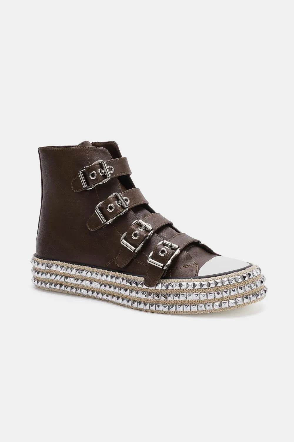 Beast Fashion Multi-Buckle Straps Studded Platform Sneakers - ELY VESSA LLC