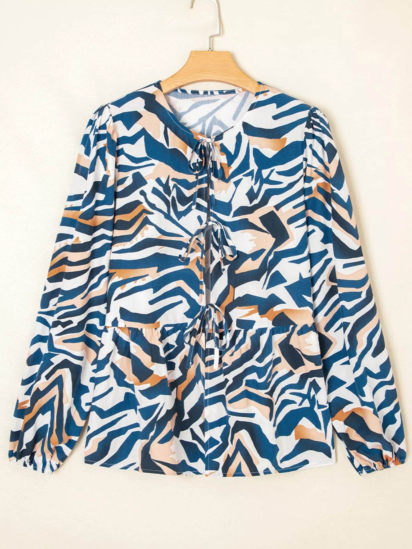 Zebra Print Tied Front Puff Sleeve Top - ELY VESSA LLC