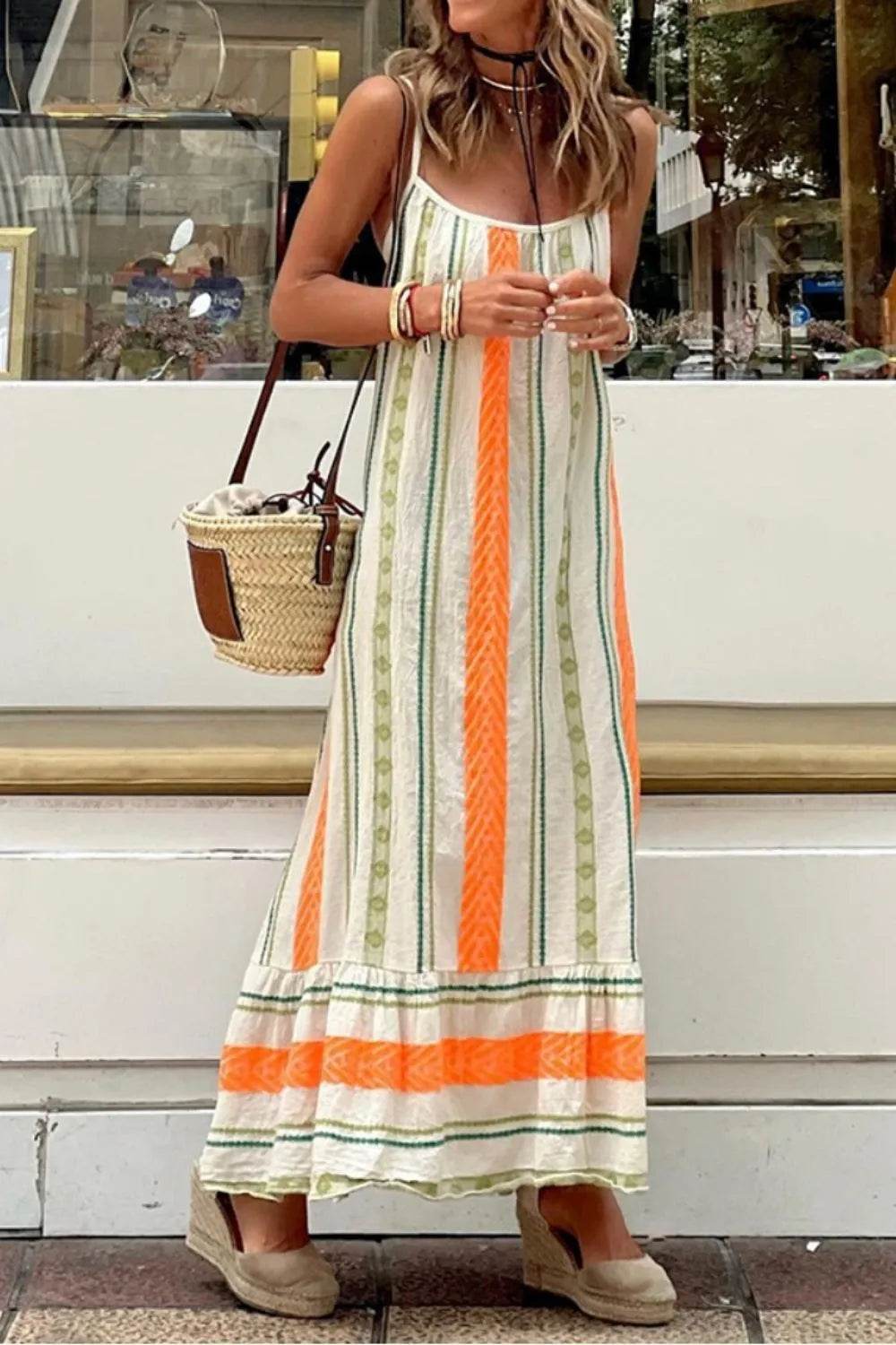 Striped Ruffled Maxi Cami Dress - ELY VESSA LLC