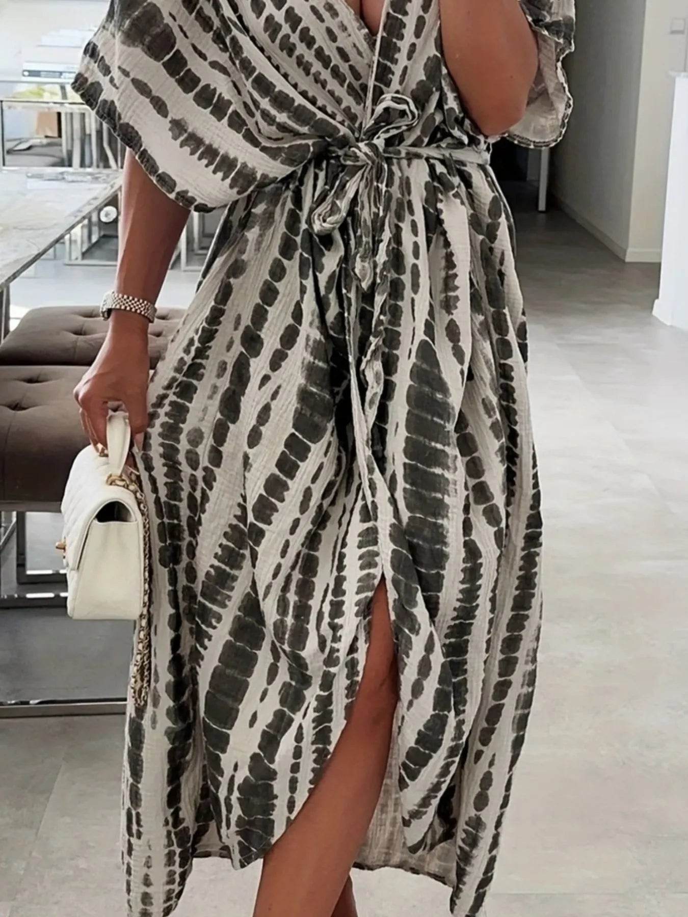 Tie-Dye Tie Waist Wrap Dress - ELY VESSA LLC