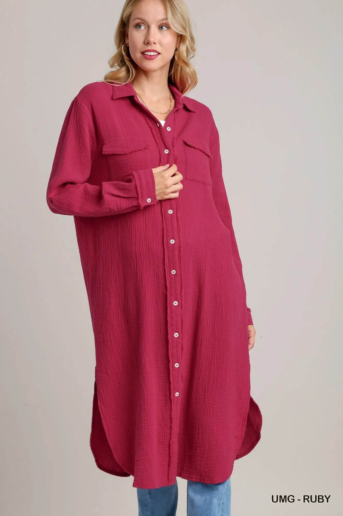 Umgee Cotton Gauze Button Down Shirt Dress - ELY VESSA LLC
