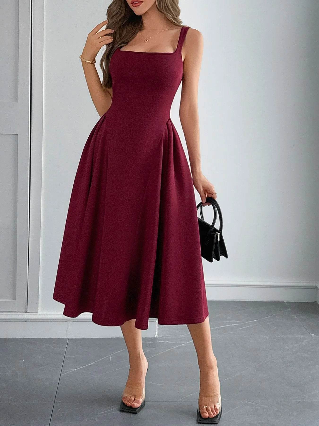Square Neck Wide Strap Midi Dress - ELY VESSA LLC