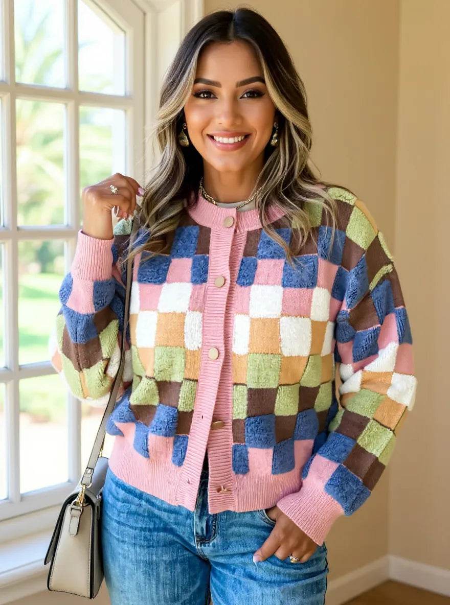 Checkered Pattern Button Front Cardigan - ELY VESSA LLC