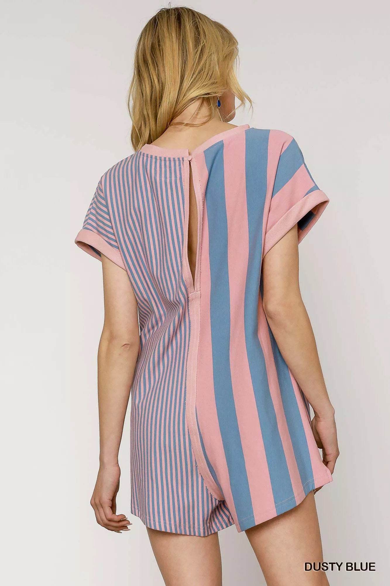 Umgee Mixed Striped Short Sleeve Romper - ELY VESSA LLC