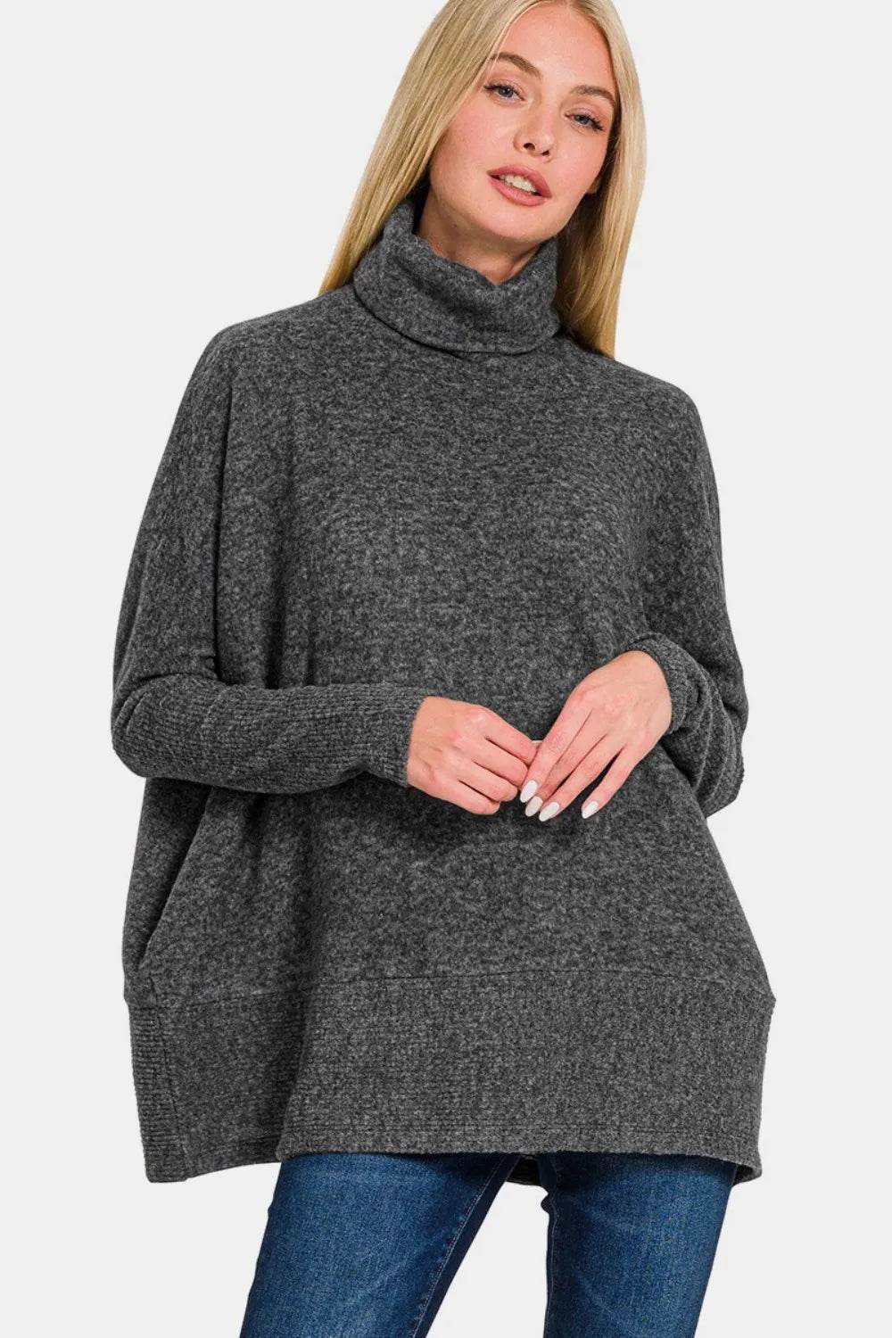 Zenana Full Size Brushed Melange Hacci Turtleneck Sweater - ELY VESSA LLC