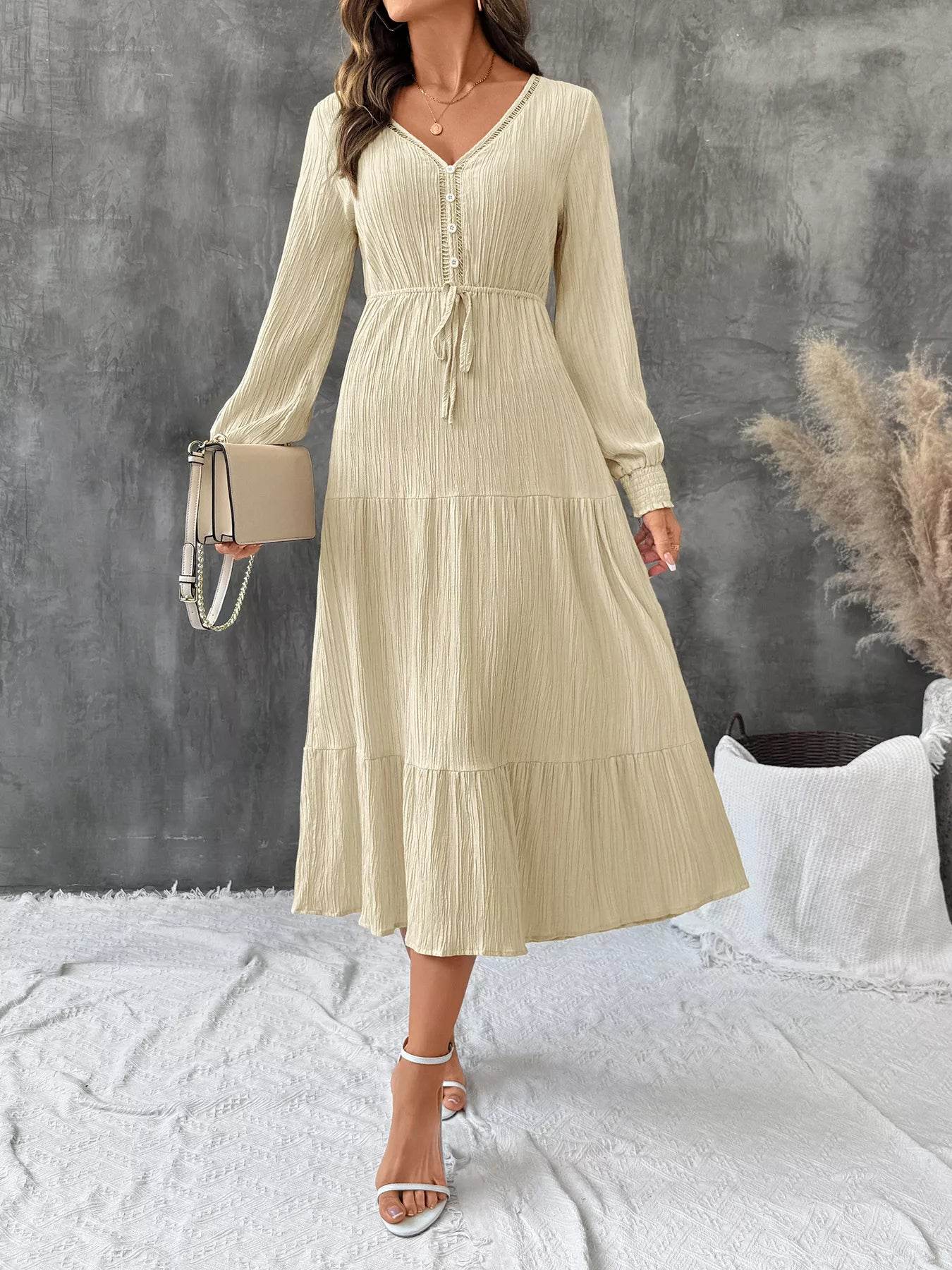 Tiered V-Neck Long Sleeve Dress - ELY VESSA LLC