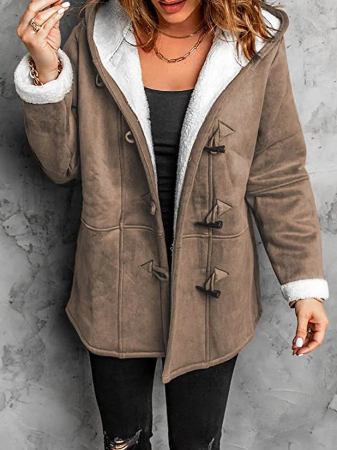 Full Size Cozy Sherpa Lined Toggle Coat with Hood Plus Size - ELY VESSA LLC