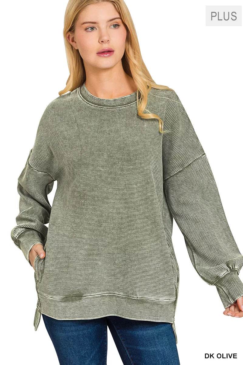 Zenana Full Size Acid Washed Double Ribbed Hi-low Sweatshirt Plus Size - ELY VESSA LLC