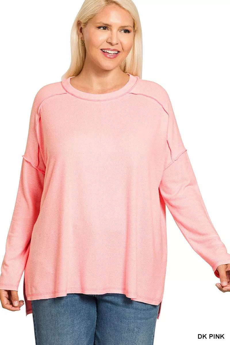 Zenana Full Size Melange Hacci Exposed Seam Hi-low Tee Plus Size - ELY VESSA LLC