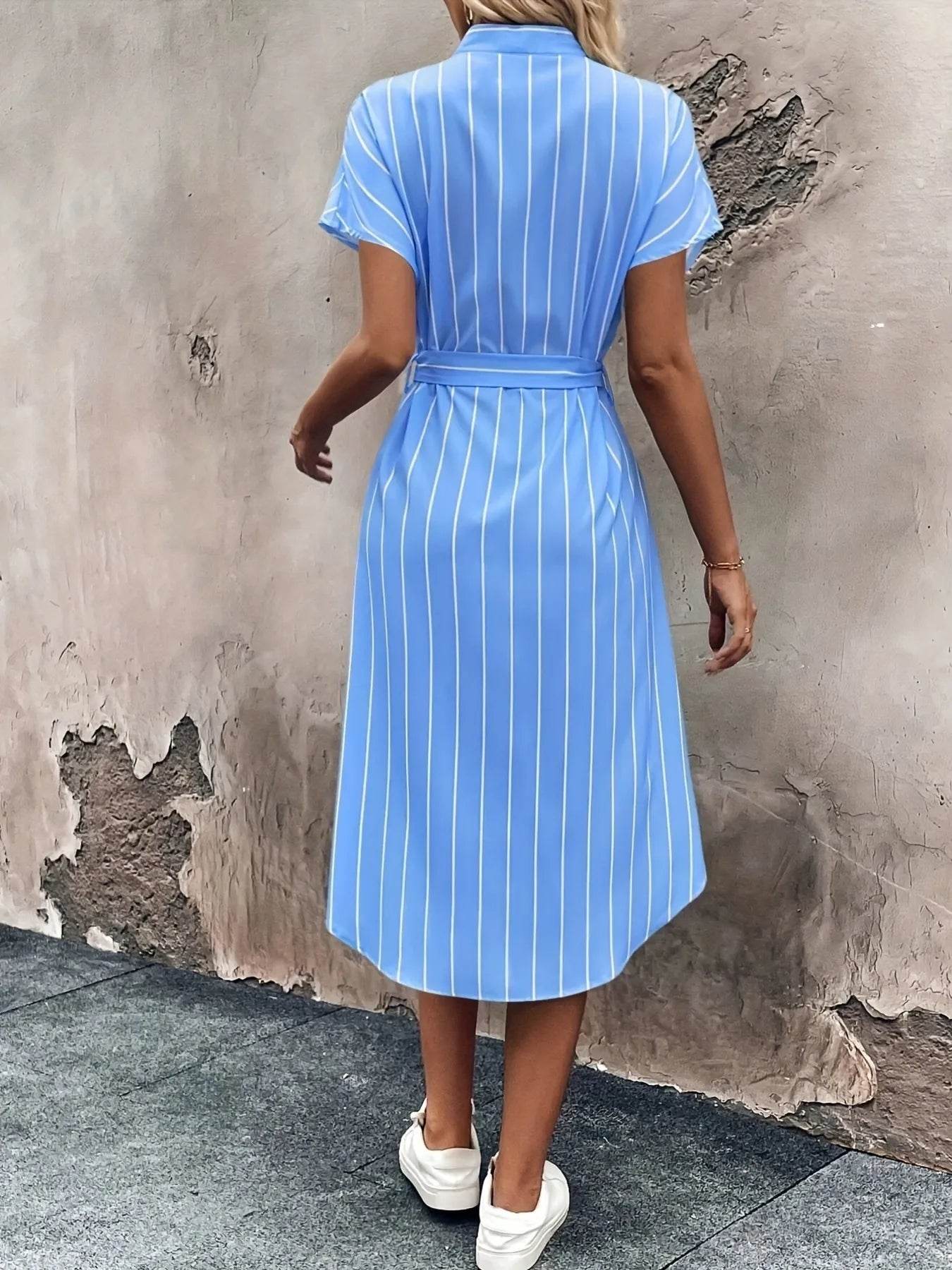 Striped Button-Down Shirt Dress - ELY VESSA LLC