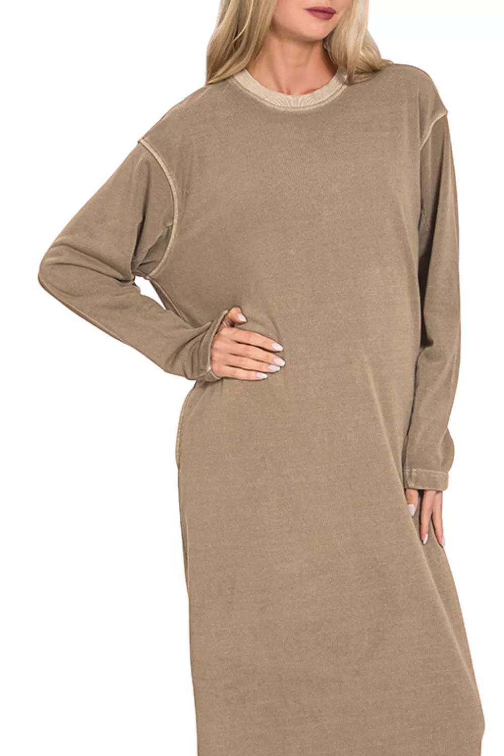 Zenana Soft Fleece Pigment Dye Sweatshirts Dress - ELY VESSA LLC