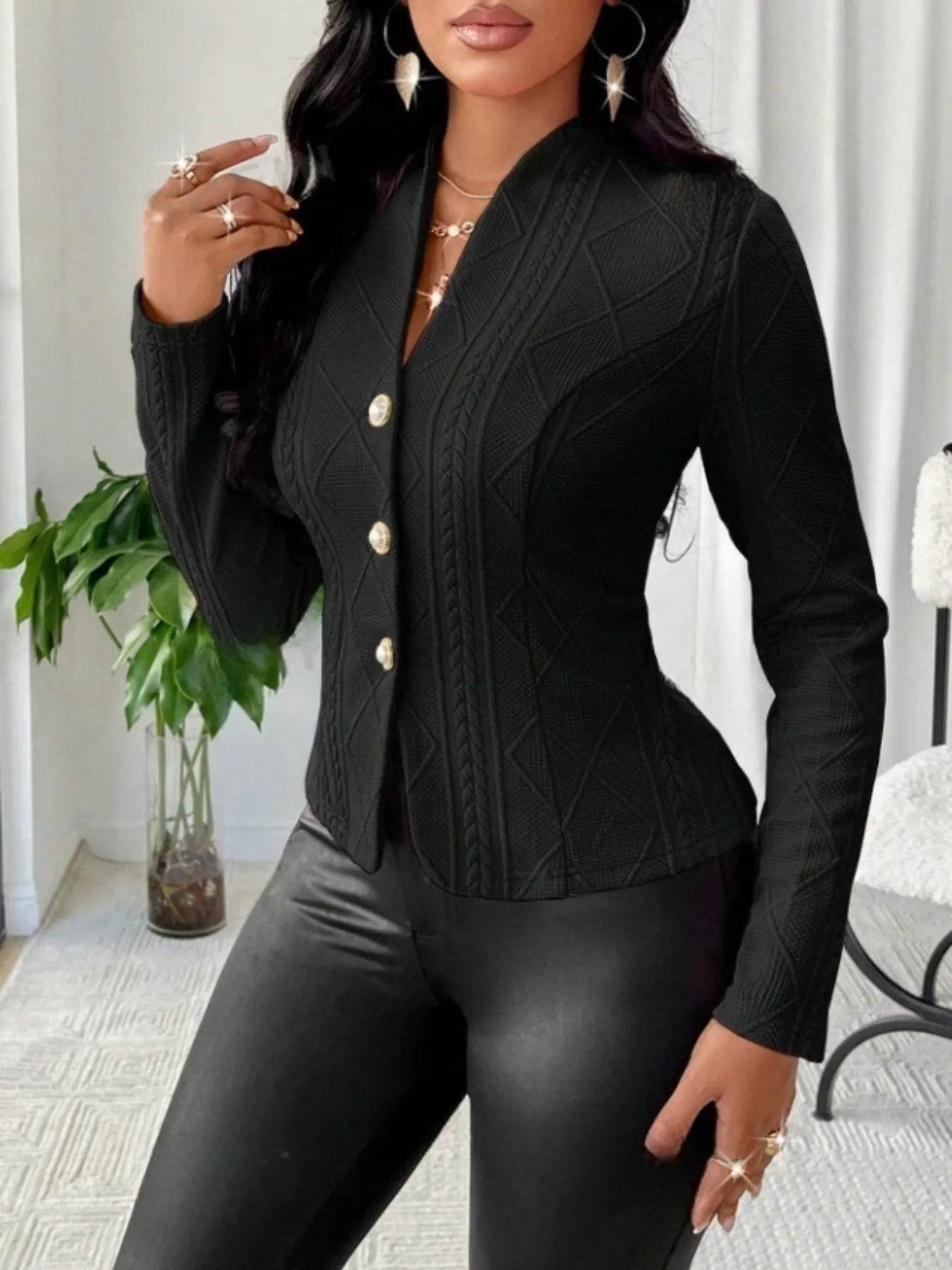 Textured Button Up Long Sleeve Jacket - ELY VESSA LLC