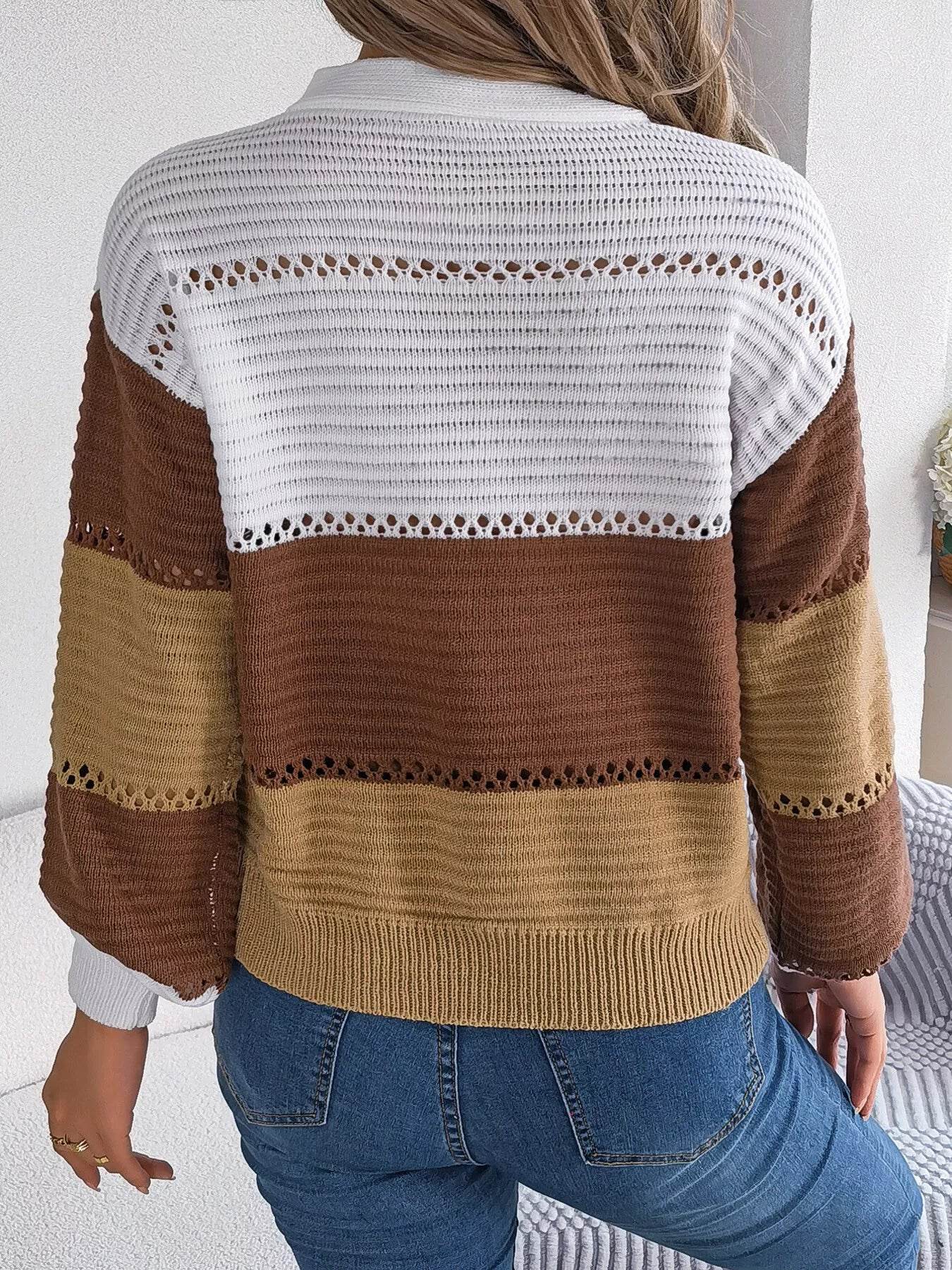 Color Block Striped V-Neck Button Detail Sweater - ELY VESSA LLC