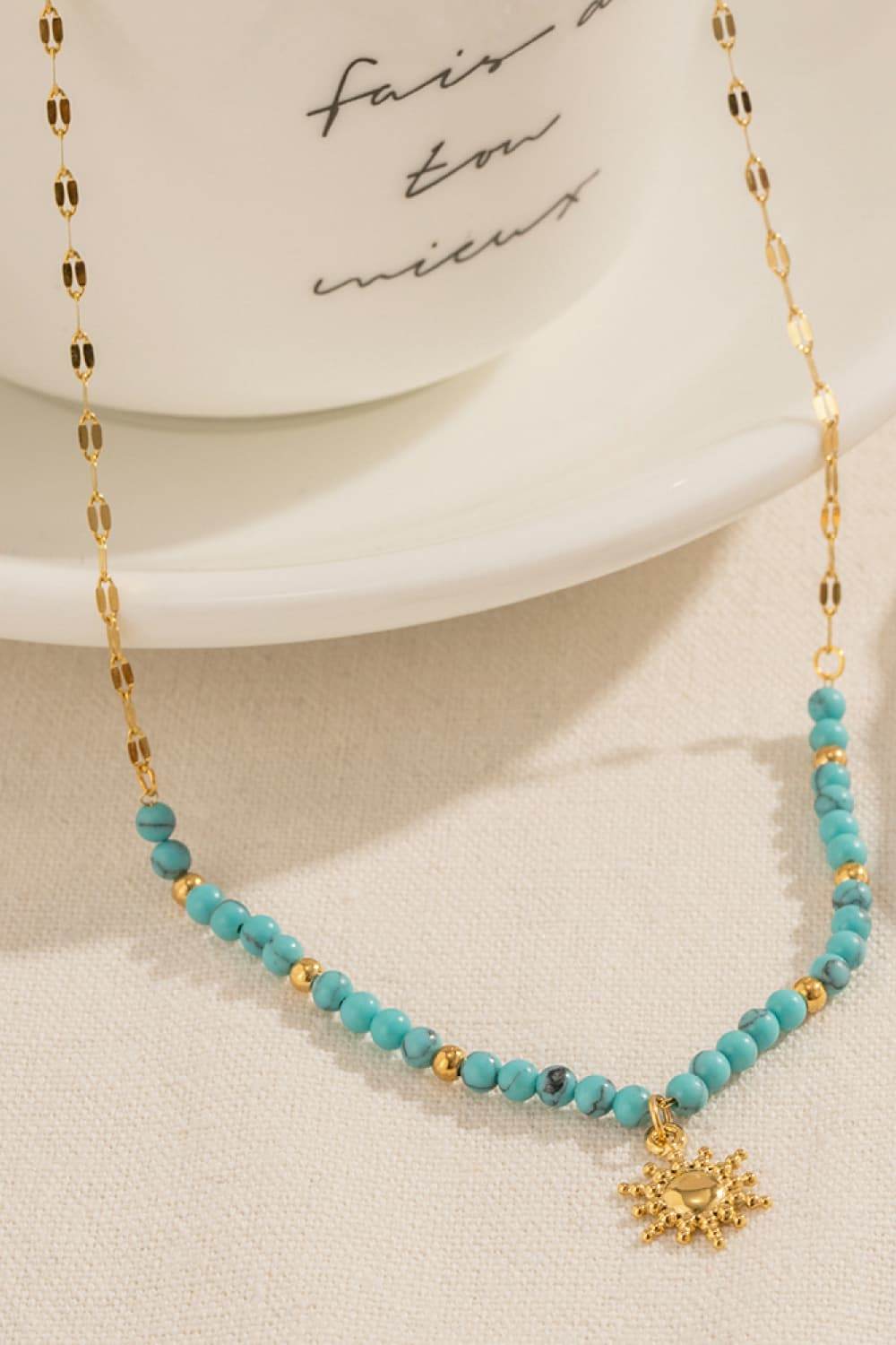 Turquoise Beaded 18K Gold-Plated Sun Shape Pendant Necklace - ELY VESSA LLC