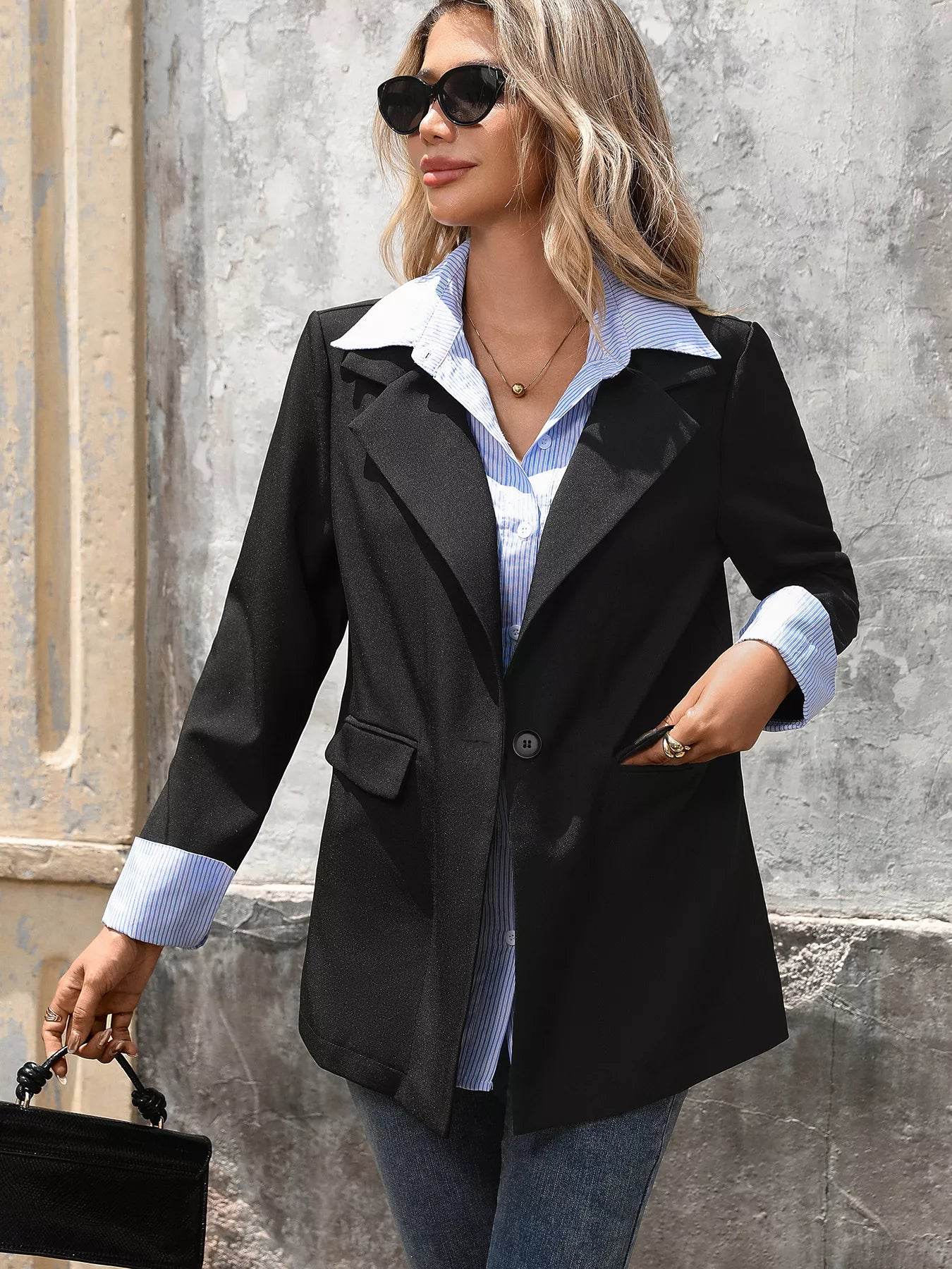 Striped Collar Long Sleeve Fake Two-Piece Blazer - ELY VESSA LLC