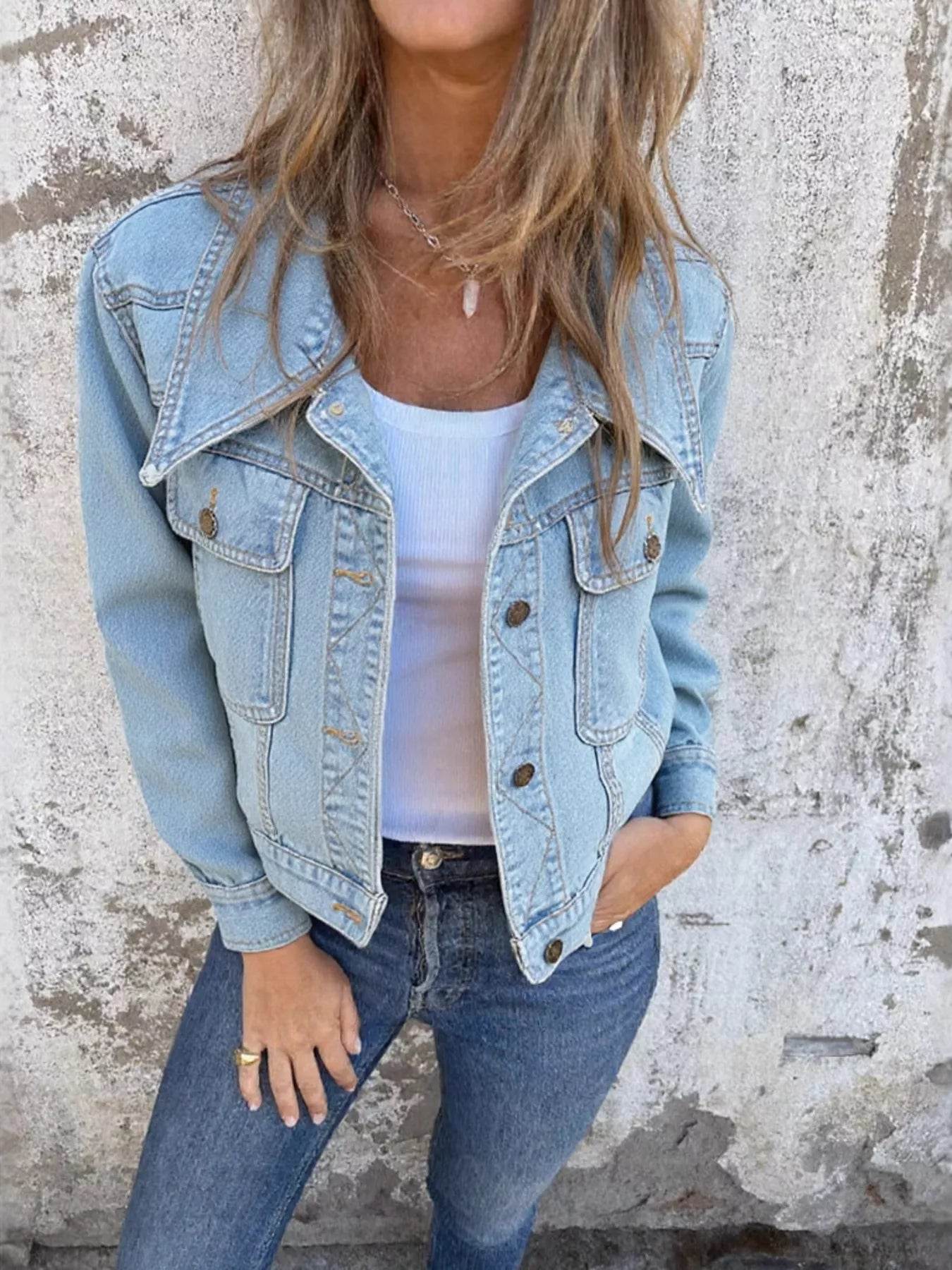 Button Up Wash Denim Jacket - ELY VESSA LLC