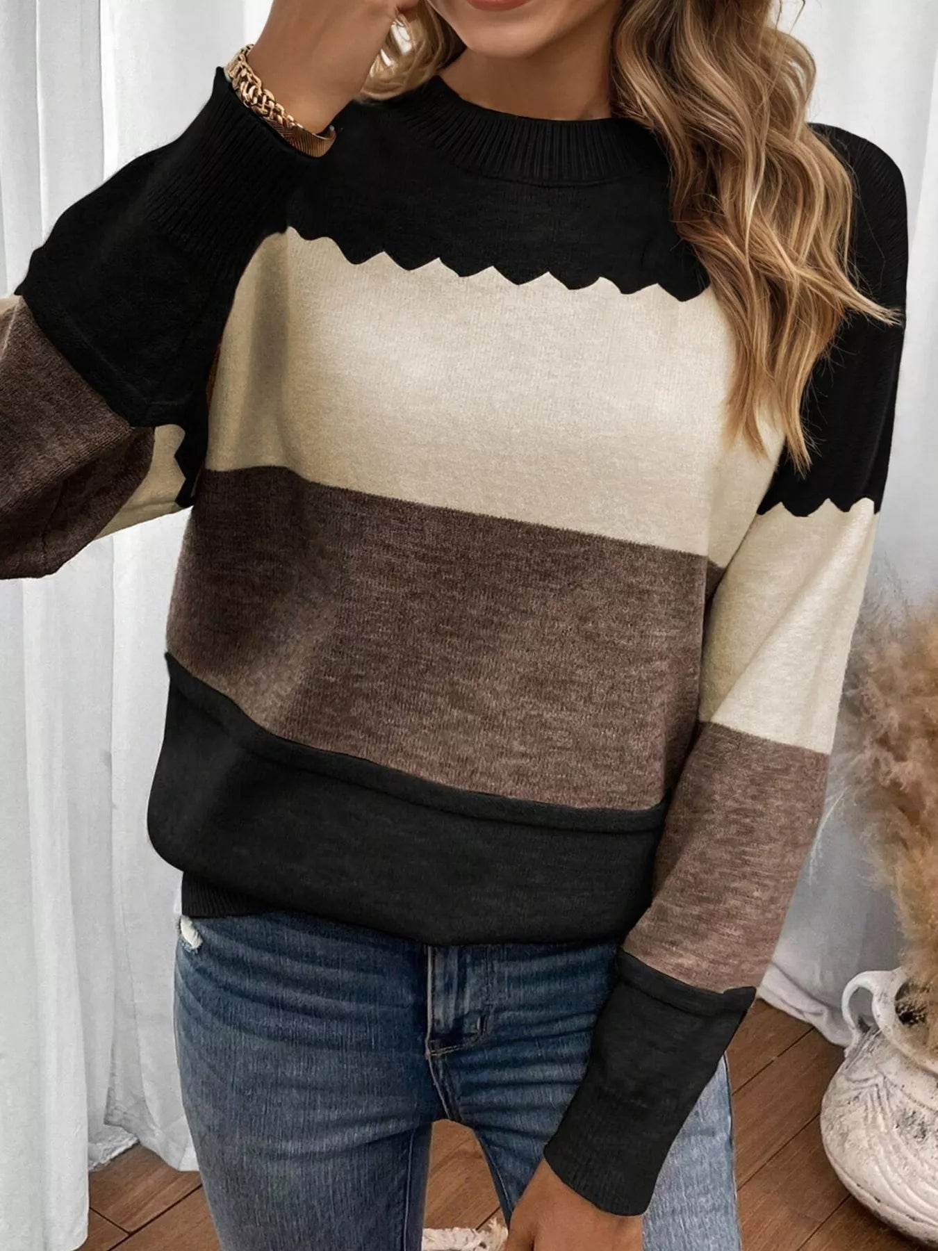 Color Block Crew Neck Drop Shoulder Sweater - ELY VESSA LLC