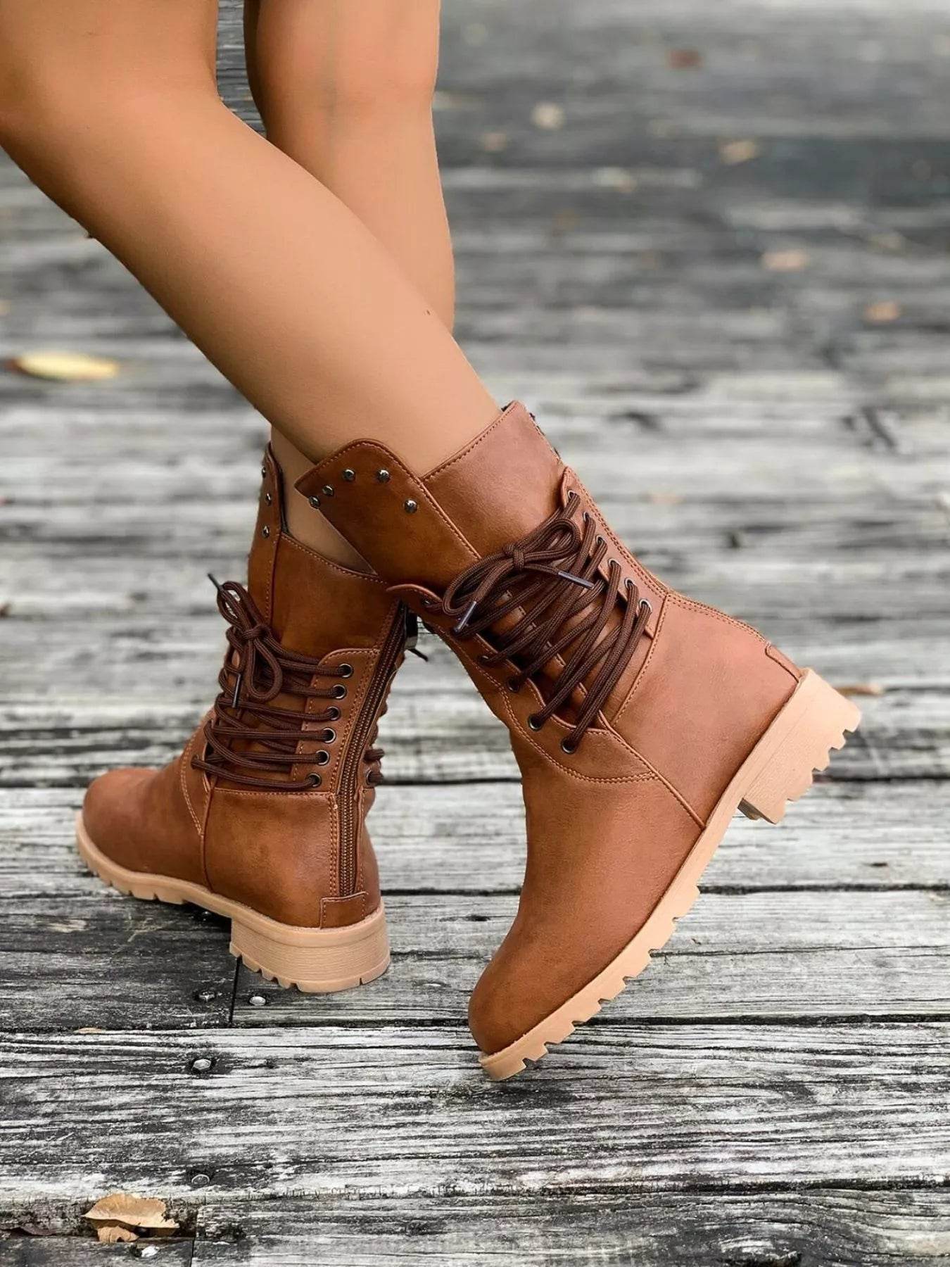 Round Toe Block Heels Boots - ELY VESSA LLC