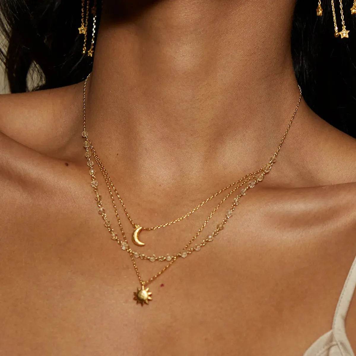 18K Gold-Plated Layered Moon Sun Pendant Necklace - ELY VESSA LLC