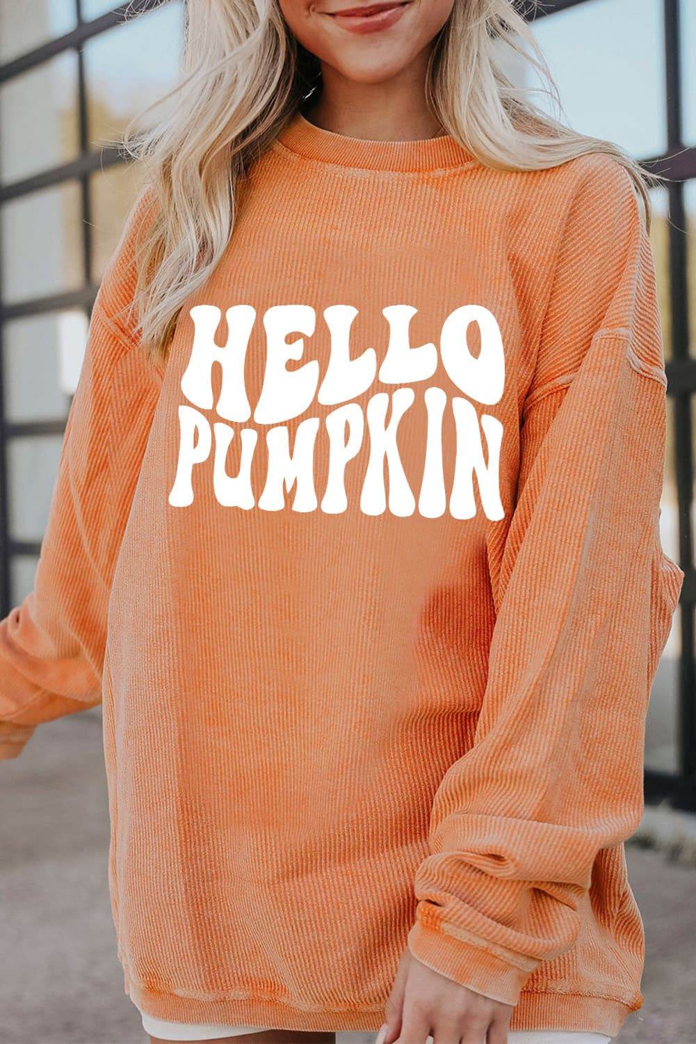 Round Neck Dropped Shoulder HELLO PUMPKIN Graphic Sweatshirt - ELY VESSA LLC