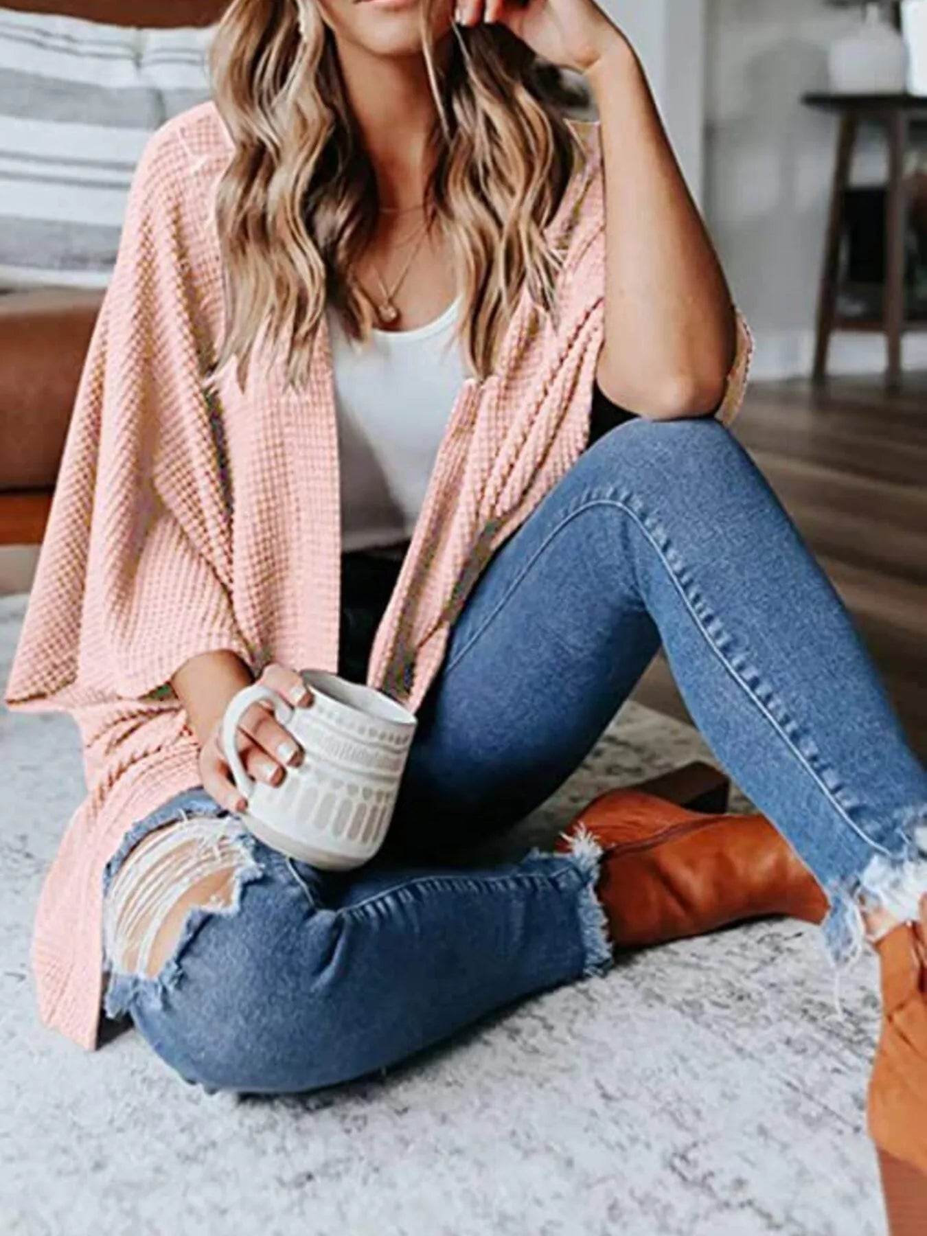 Full Size Open Front Waffle Knit Cardigan Plus Size - ELY VESSA LLC