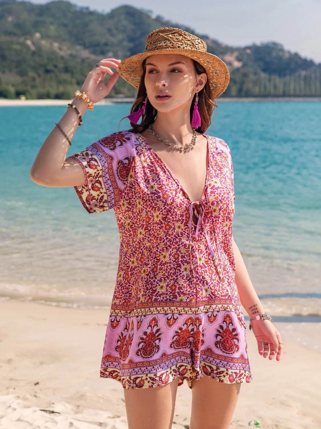 Printed V-Neck Short Sleeve Romper - ELY VESSA LLC