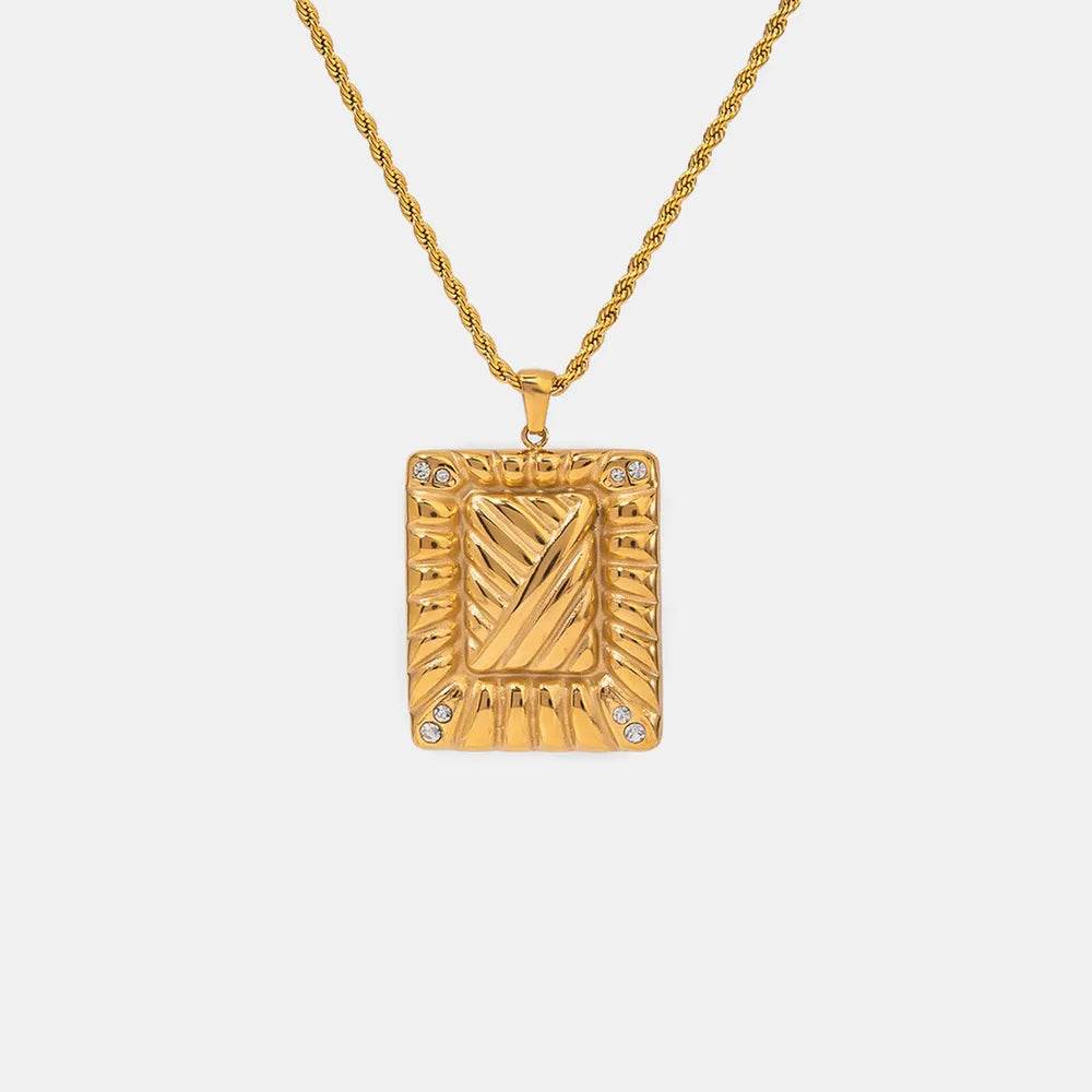 Stainless Steel Inlaid Rhinestone Rectangle Shape Pendant Necklace - ELY VESSA LLC