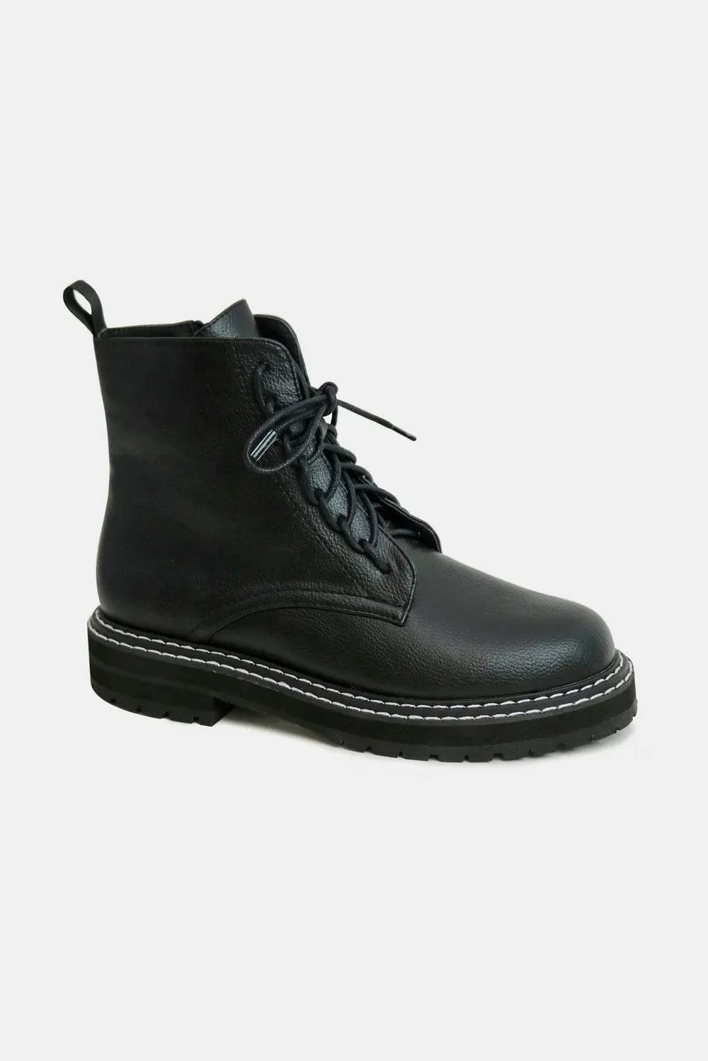 Beast Fashion Faux Leather Lace-Up Boots with Side Zipper - ELY VESSA LLC