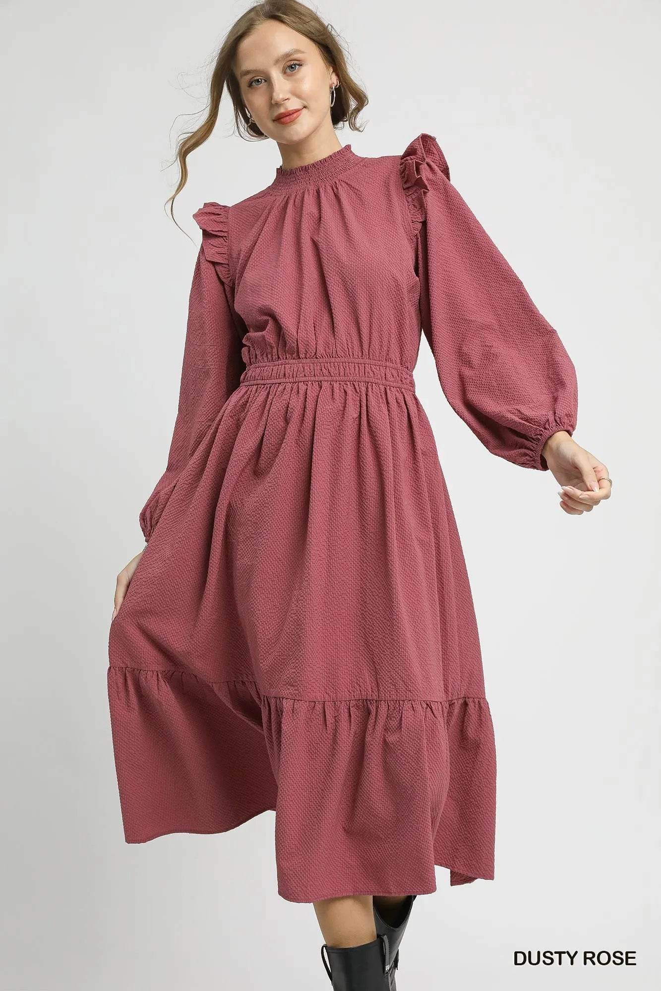 Umgee Textured Midi Dress with Ruffle Shoulder Detail - ELY VESSA LLC