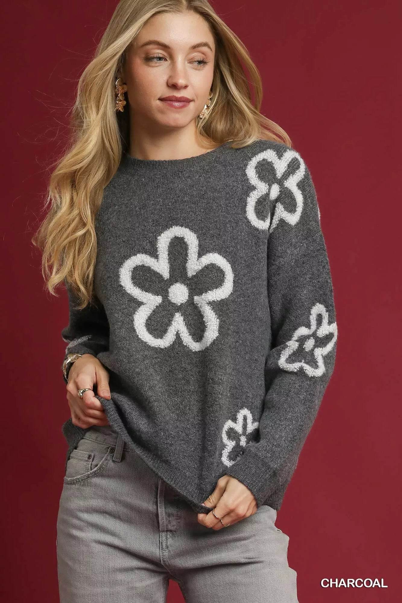 Umgee Round Neck Sweater with Pink Floral Accents - ELY VESSA LLC