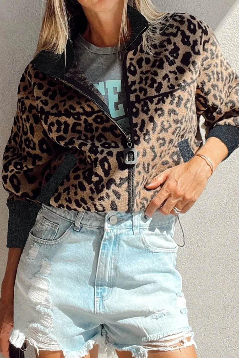 Leopard Zip Up Long Sleeve Jacket - ELY VESSA LLC
