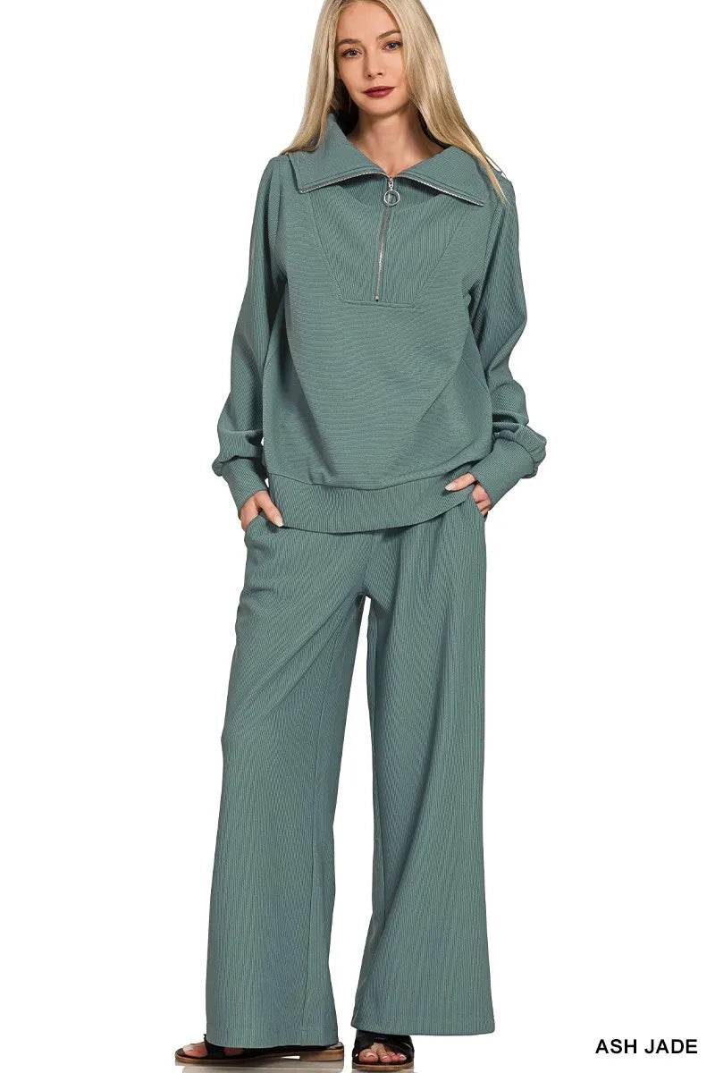 Zenana Ribbed High Neck Half Zip Pullover & Pants Set - ELY VESSA LLC