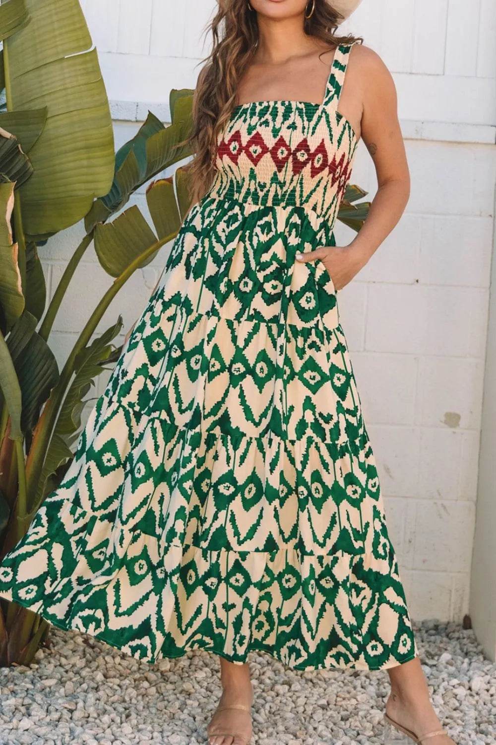 Western Aztec Shirred A-line Sleeveless Maxi Dress - ELY VESSA LLC