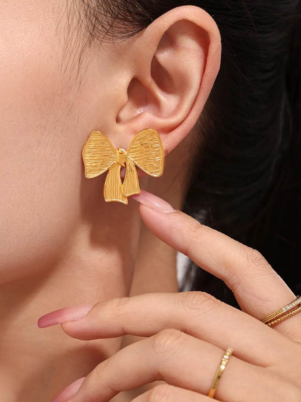 18K Gold-Plated Stainless Steel Bow Earrings and Necklace Set - ELY VESSA LLC