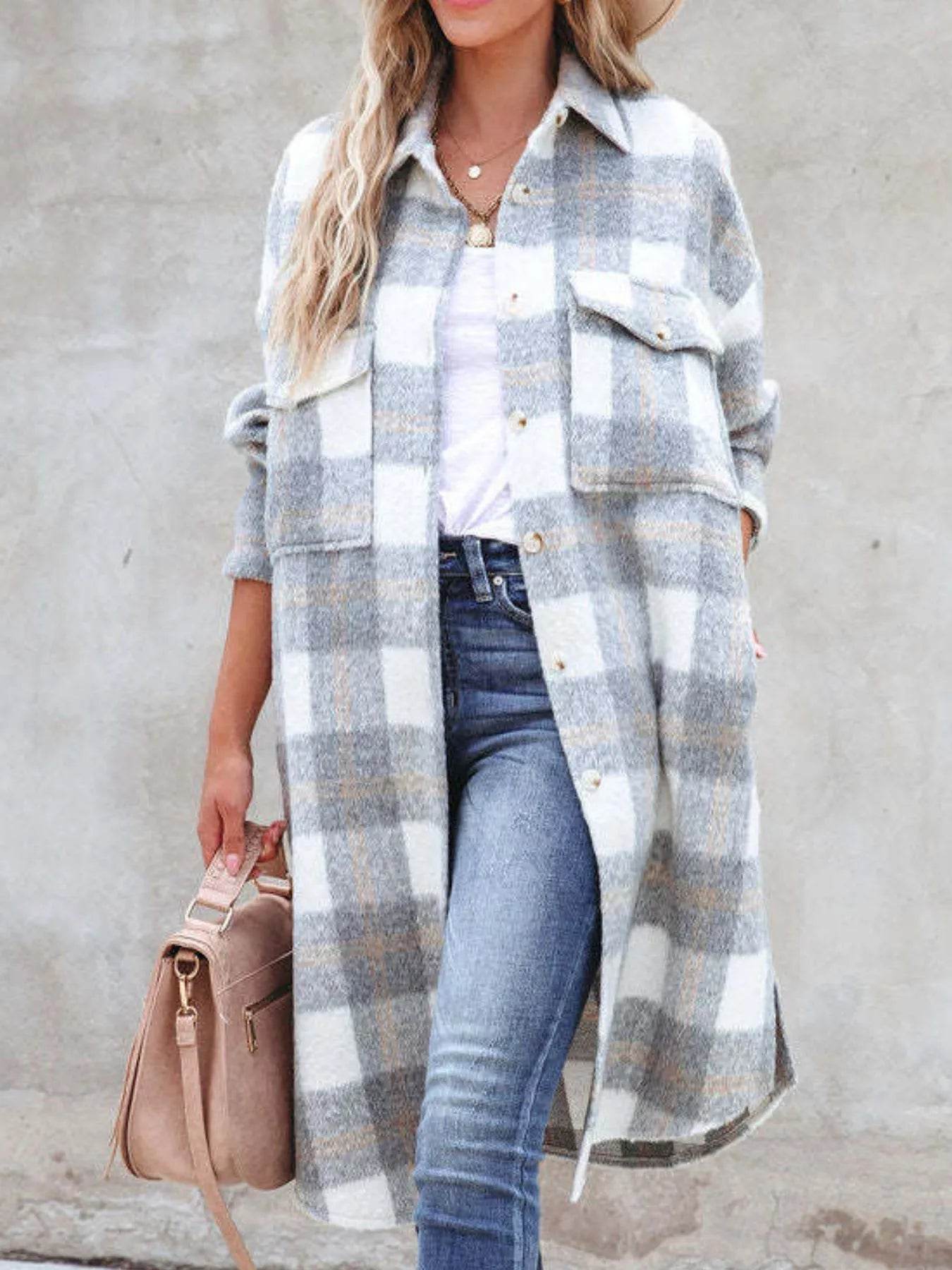 Oversized Plaid Button Up Longline Jacket - ELY VESSA LLC