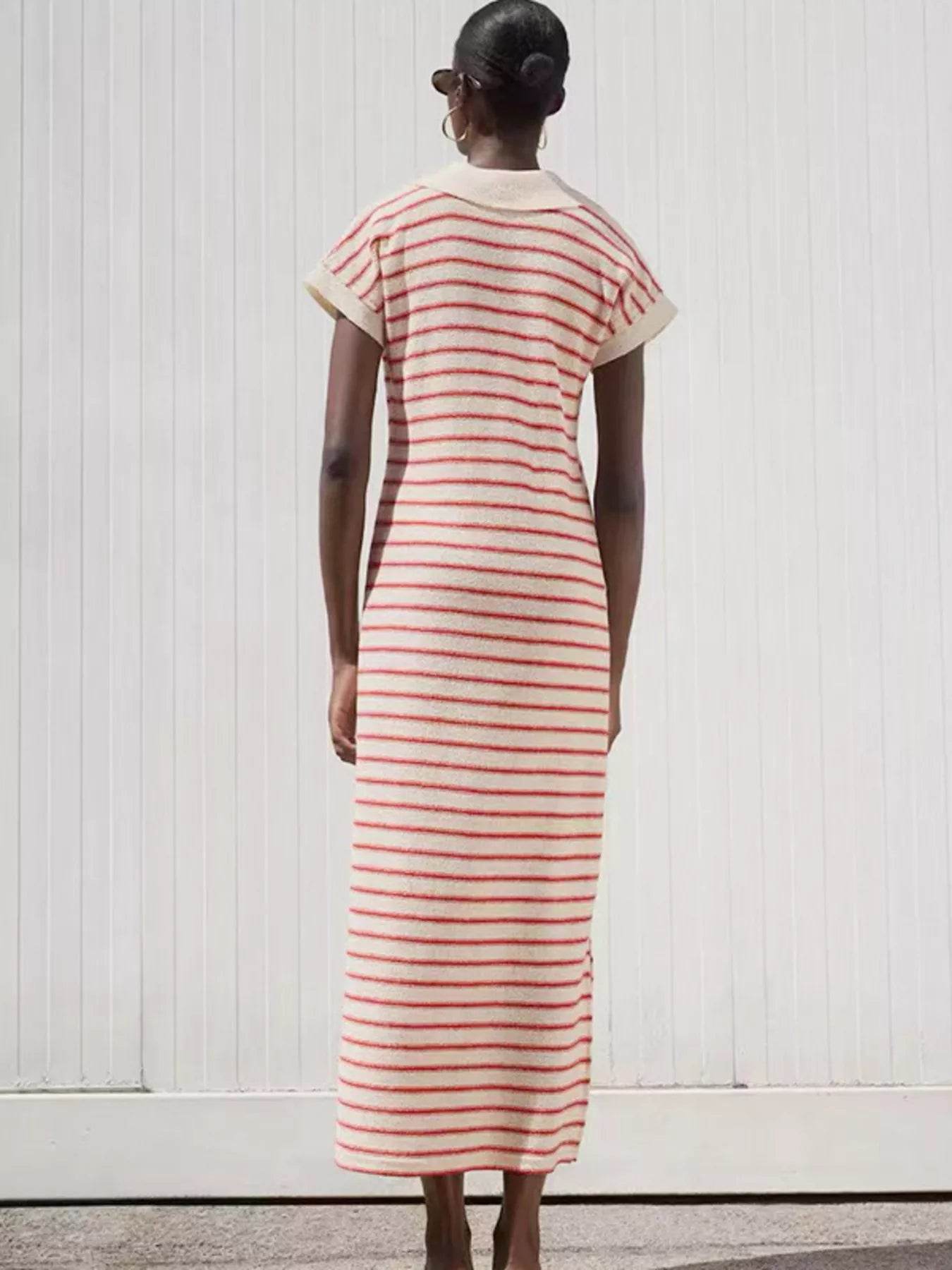 Striped Slit Short Sleeve Maxi Dress - ELY VESSA LLC