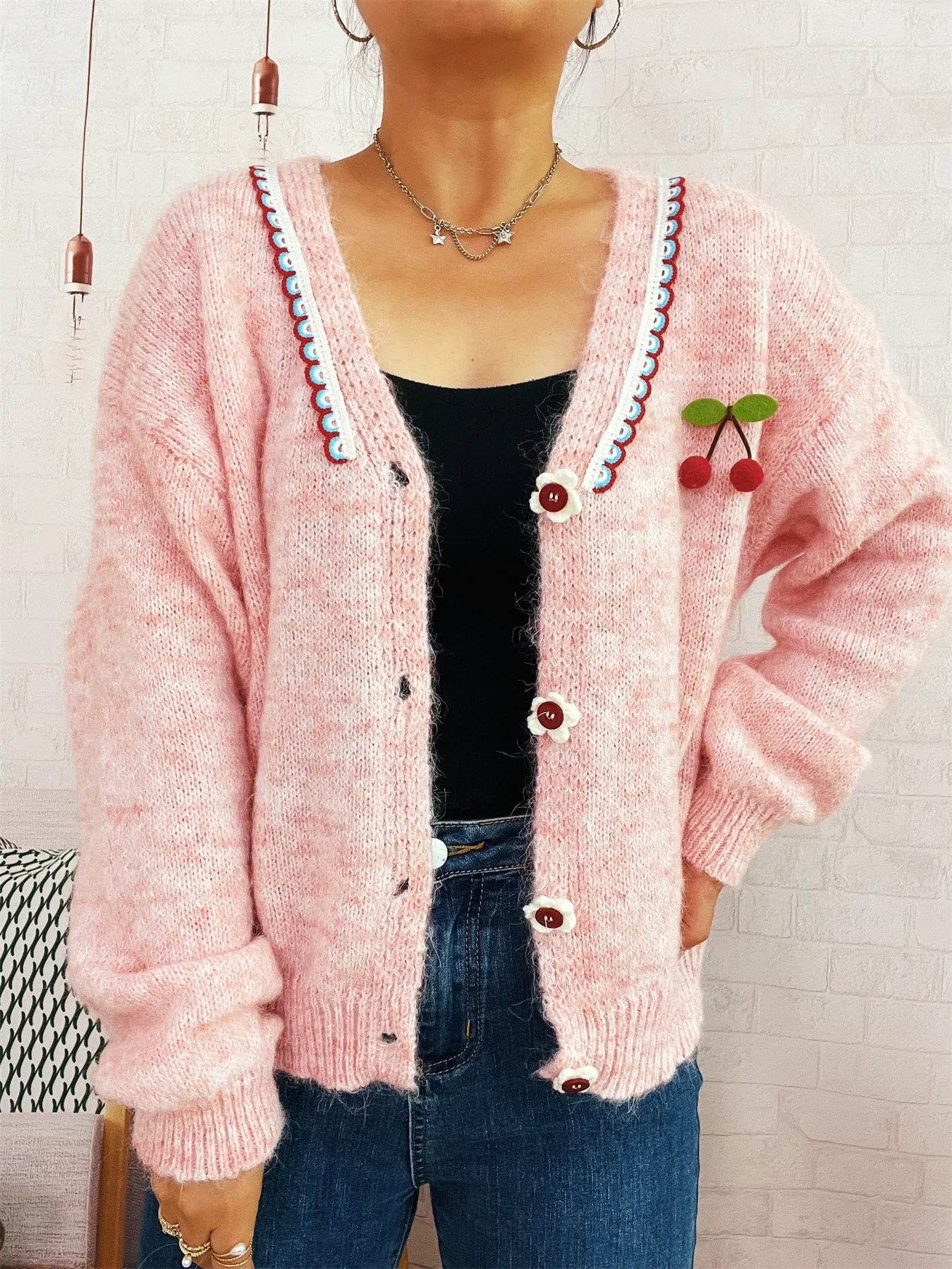 Cherry Button-Front Long Sleeve Cardigan - ELY VESSA LLC