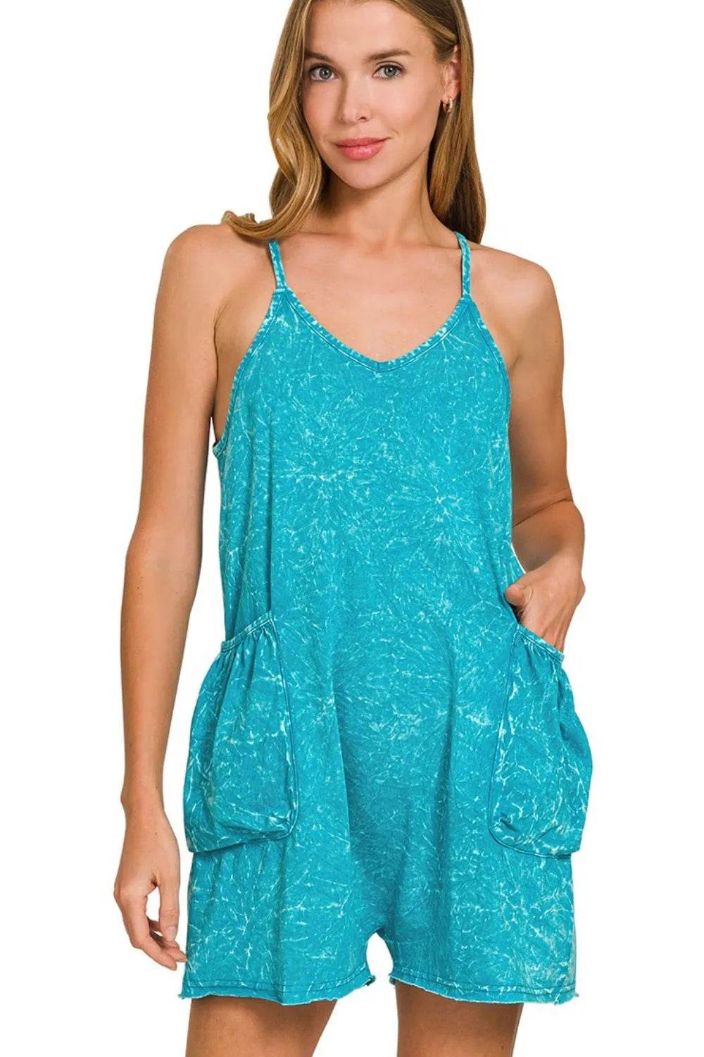 Zenana Acid Crinkle Washed Spaghetti Strap Romper - ELY VESSA LLC