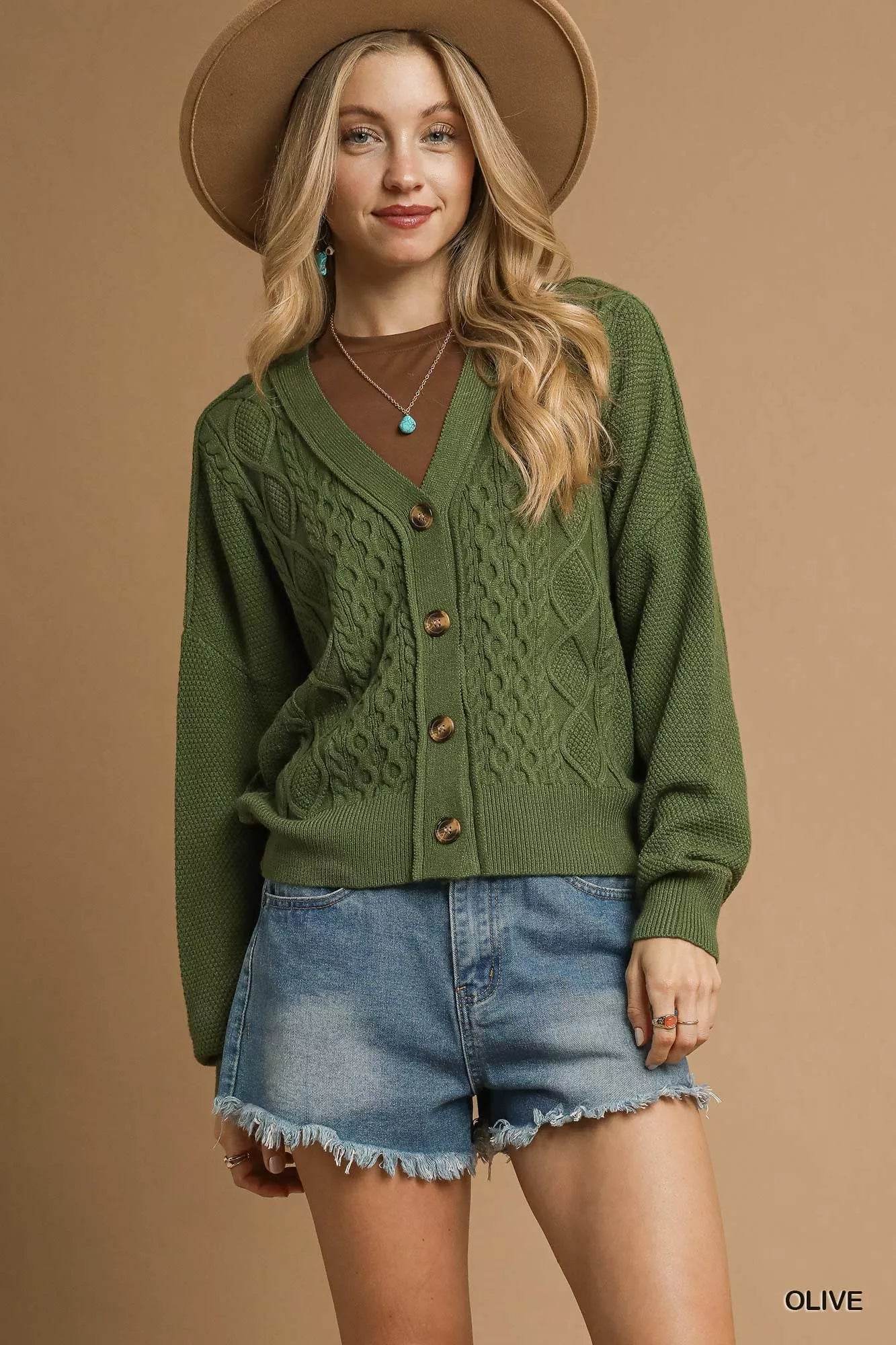Umgee Chunky Cable Knit V-Neck Button-Up Cardigan - ELY VESSA LLC