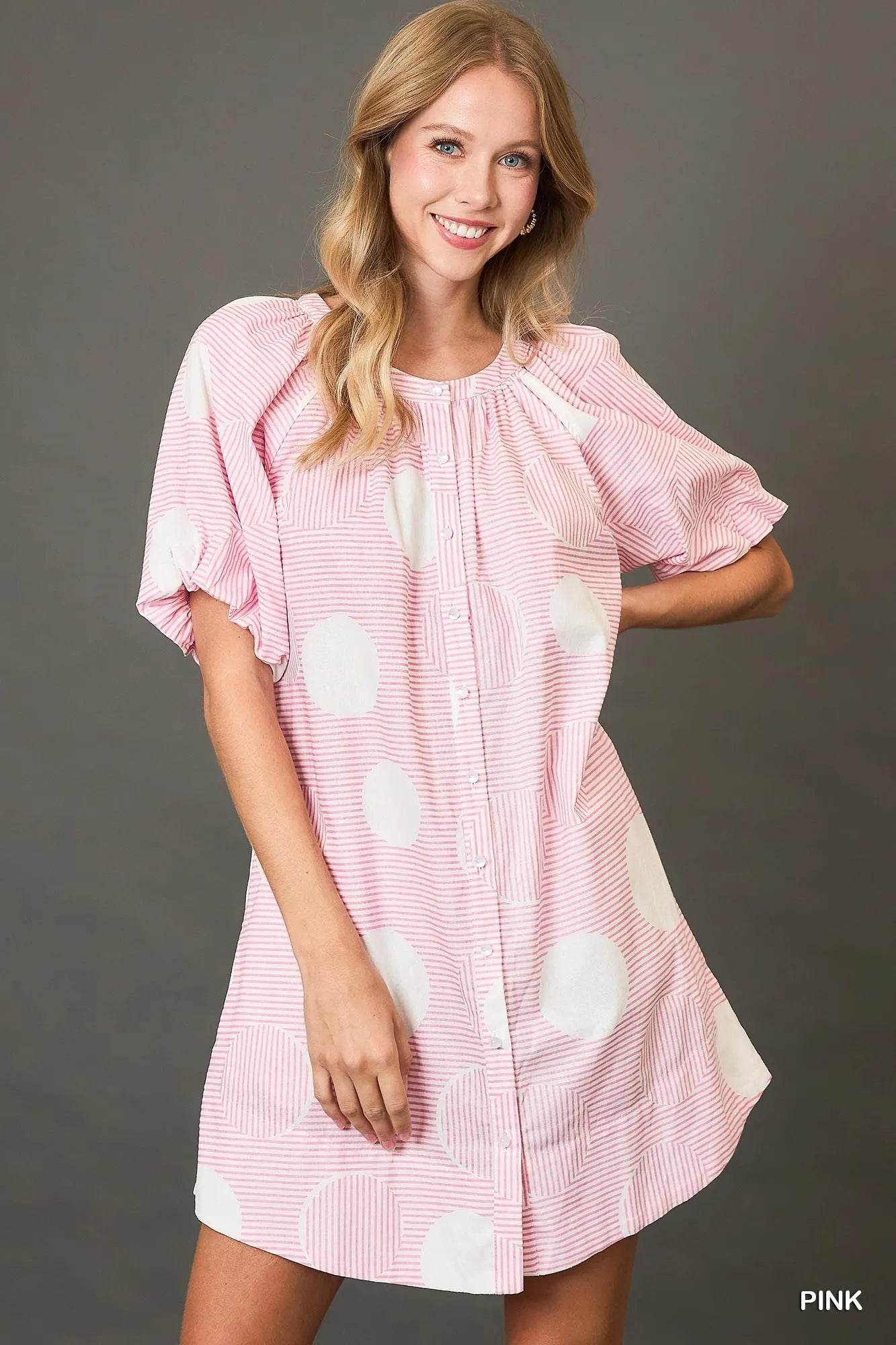 Umgee Stripe and Dot Print Button Down Puff Sleeve Mini Dress - ELY VESSA LLC