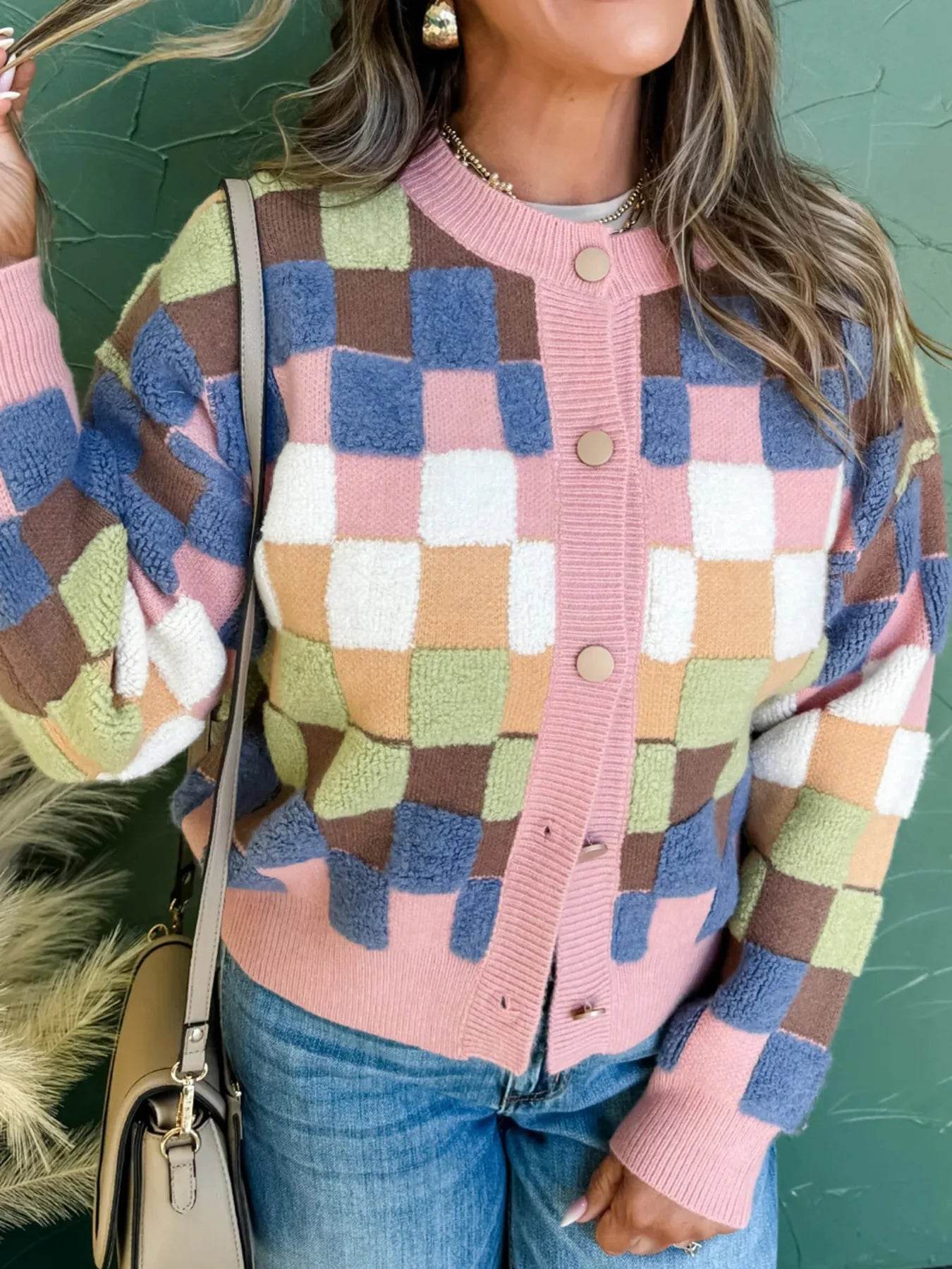 Checkered Pattern Button Front Cardigan - ELY VESSA LLC