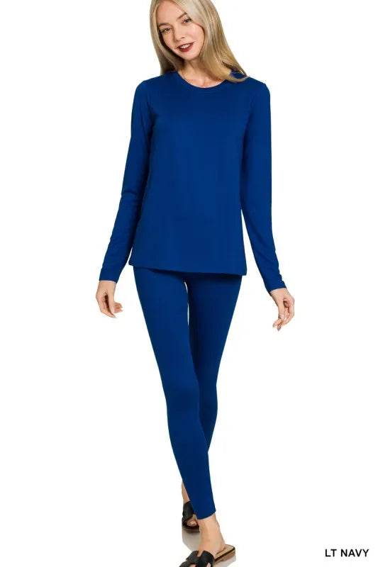 Zenana Microfiber Round Neck Top and Leggings Set - ELY VESSA LLC